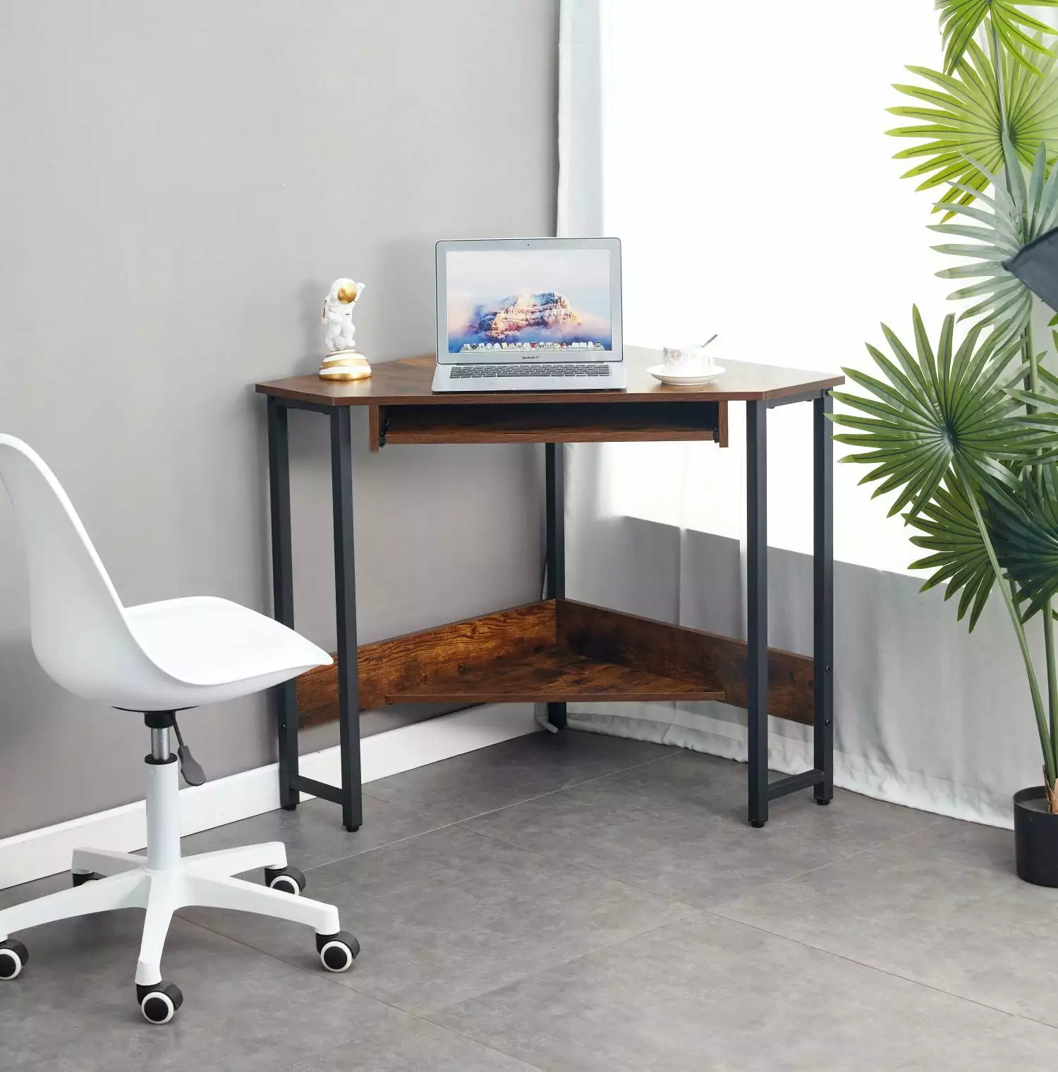 Triangle Computer Desk Corner Desk Keyboard Tray and Storage Shelves GUTALOR