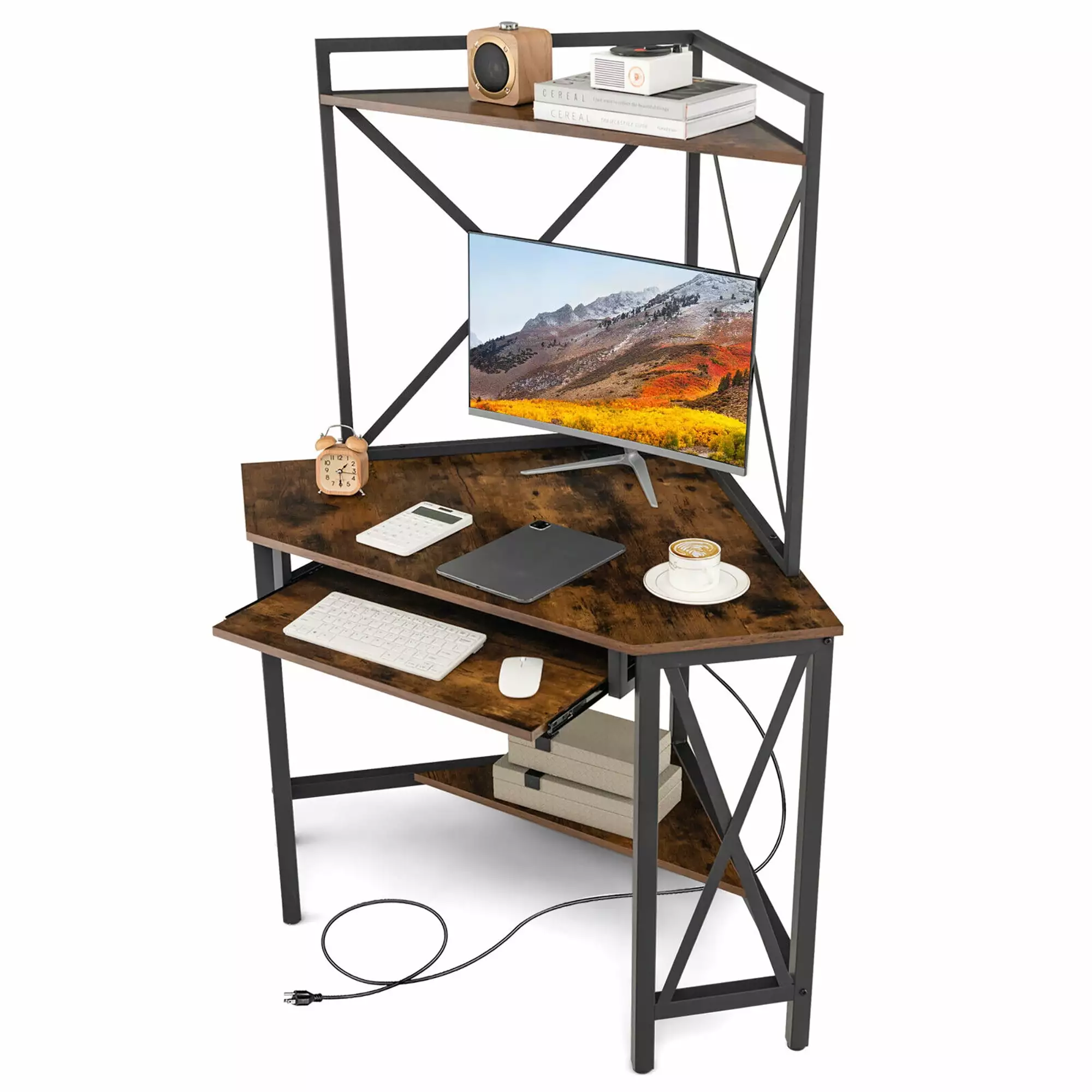 Gymax Corner Desk Space Saving Computer Desk Shelves and Keyboard Tray Rustic Brown