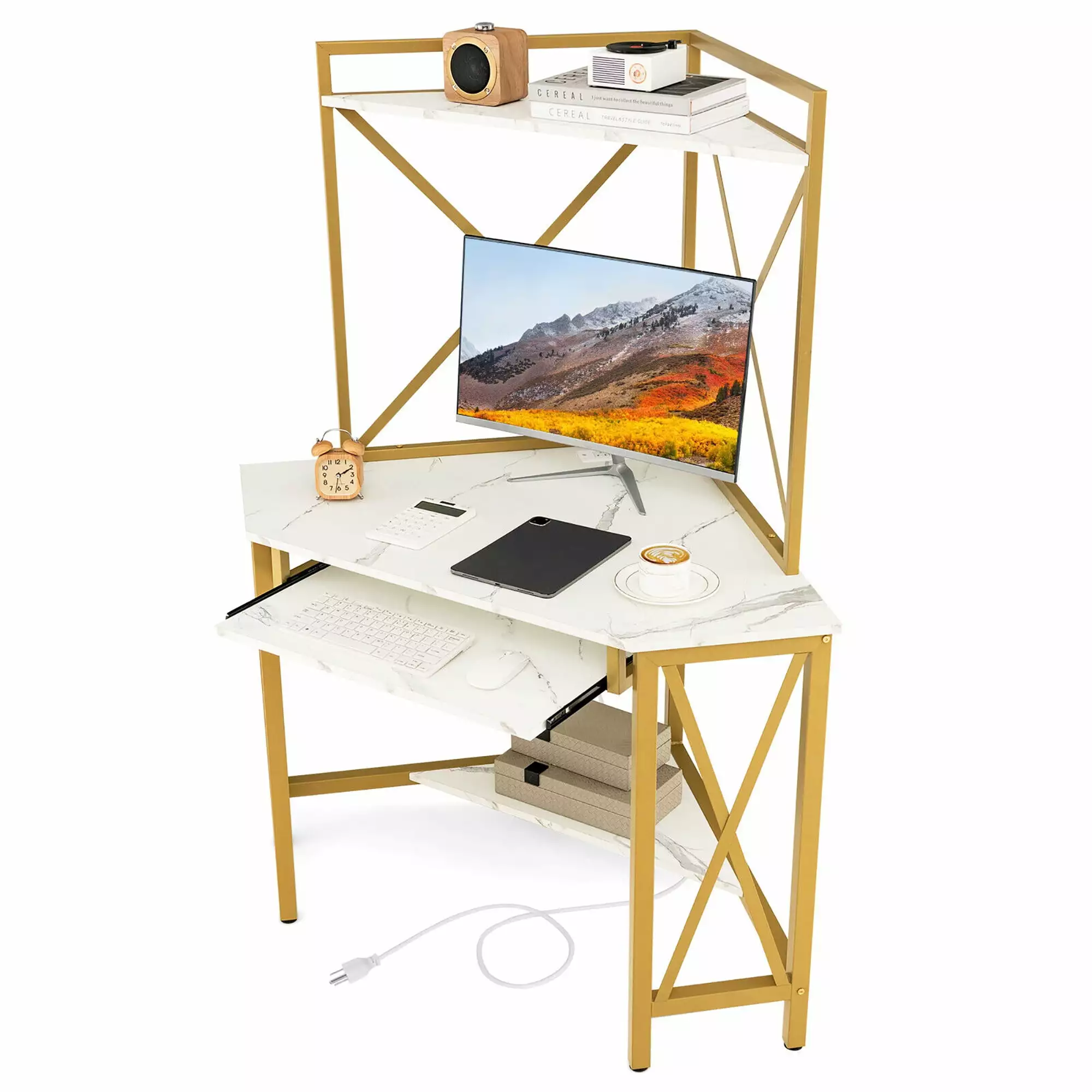 Gymax Corner Desk Space-Saving Computer Desk Shelves Keyboard Tray White Home Office Desk
