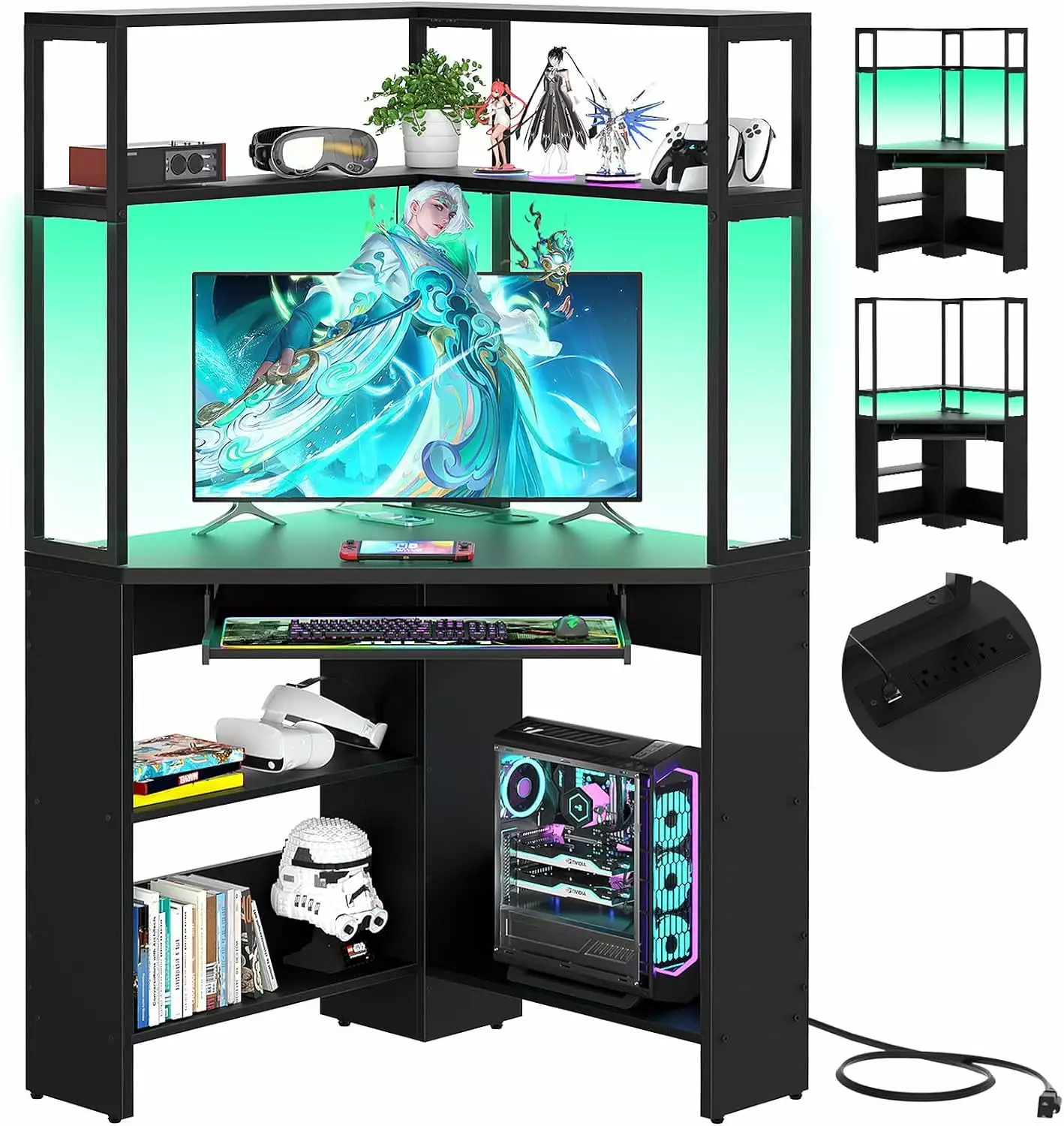 Homieasy Corner Computer Desk Power Outlets LED Light and Keyboard Tray Small Space