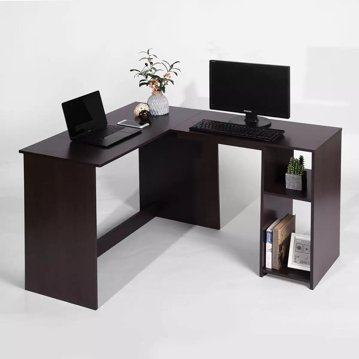 Homy Casa 47.2 Inch L-Shaped Home Office Desk Rustic Space-Saving Corner Desk Open Shelves Brown