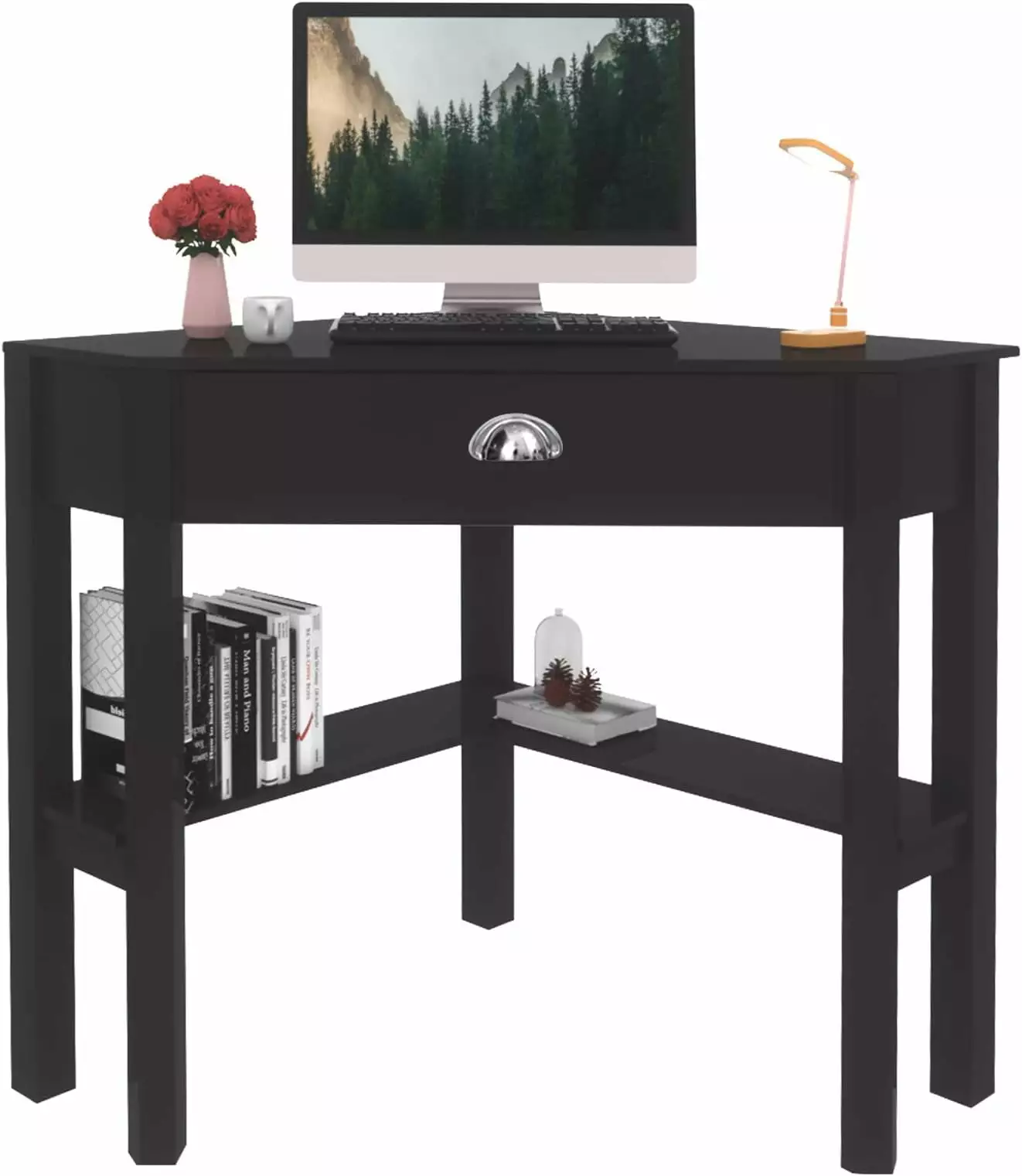 Corner Triangle Computer Desk Drawer and Storage Shelves Small Spaces HUCHENG