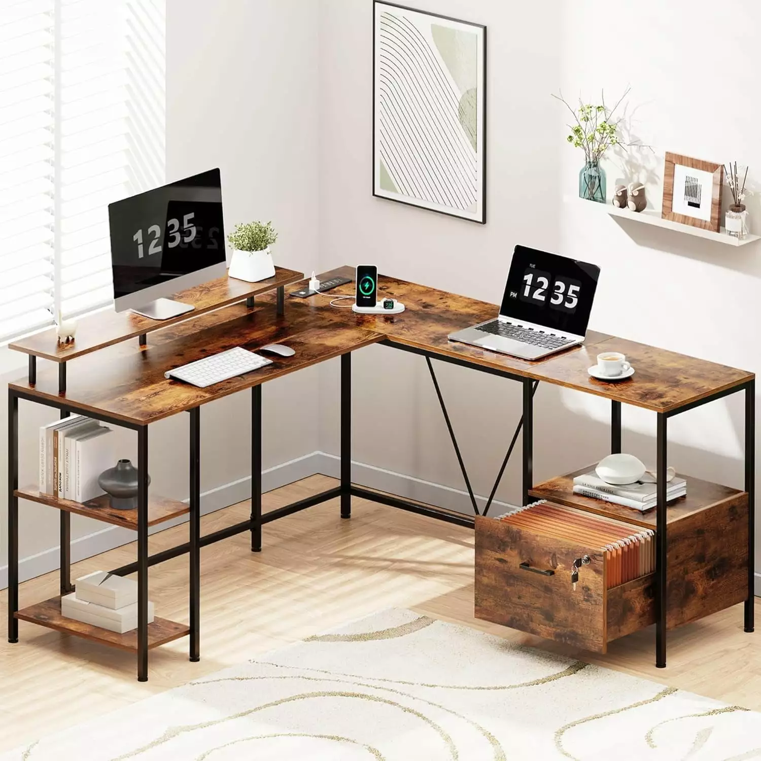 L Shaped Computer Desk Power Outlets LED Lights File Cabinet and Storage Shelves Reversible Corner Desk Rustic Brown Huuger