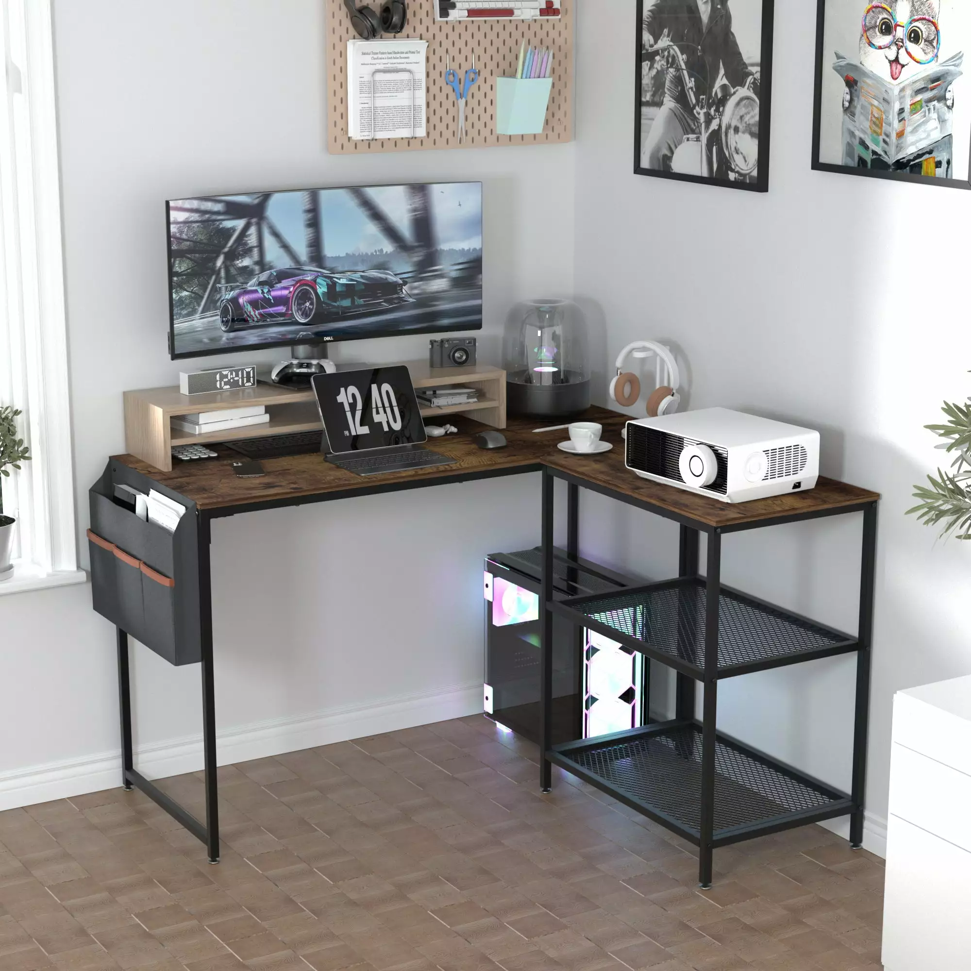 VECELO L Shaped Computer Desk 47 Inch Storage Bag and Shelf Home Office Javlergo