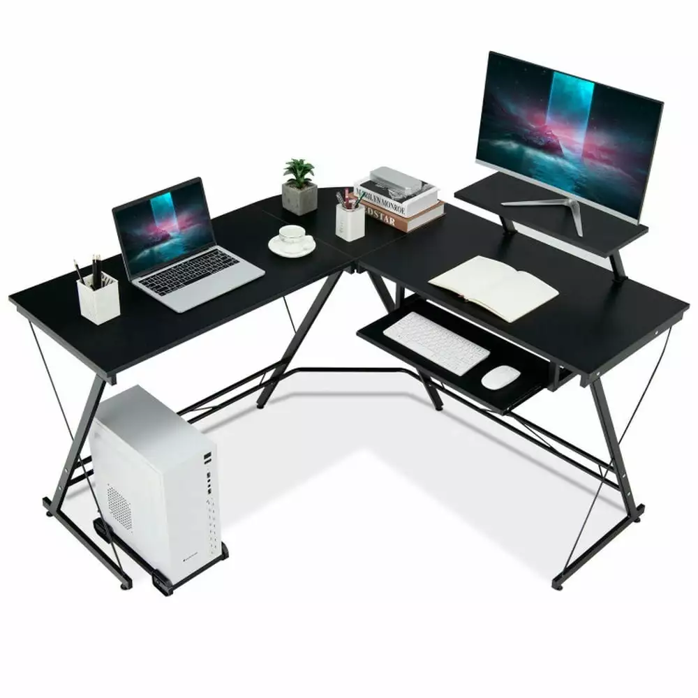 Kepooman L Shaped Computer Desk Corner Desk Study Writing Table Workstation Movable Monitor Stand