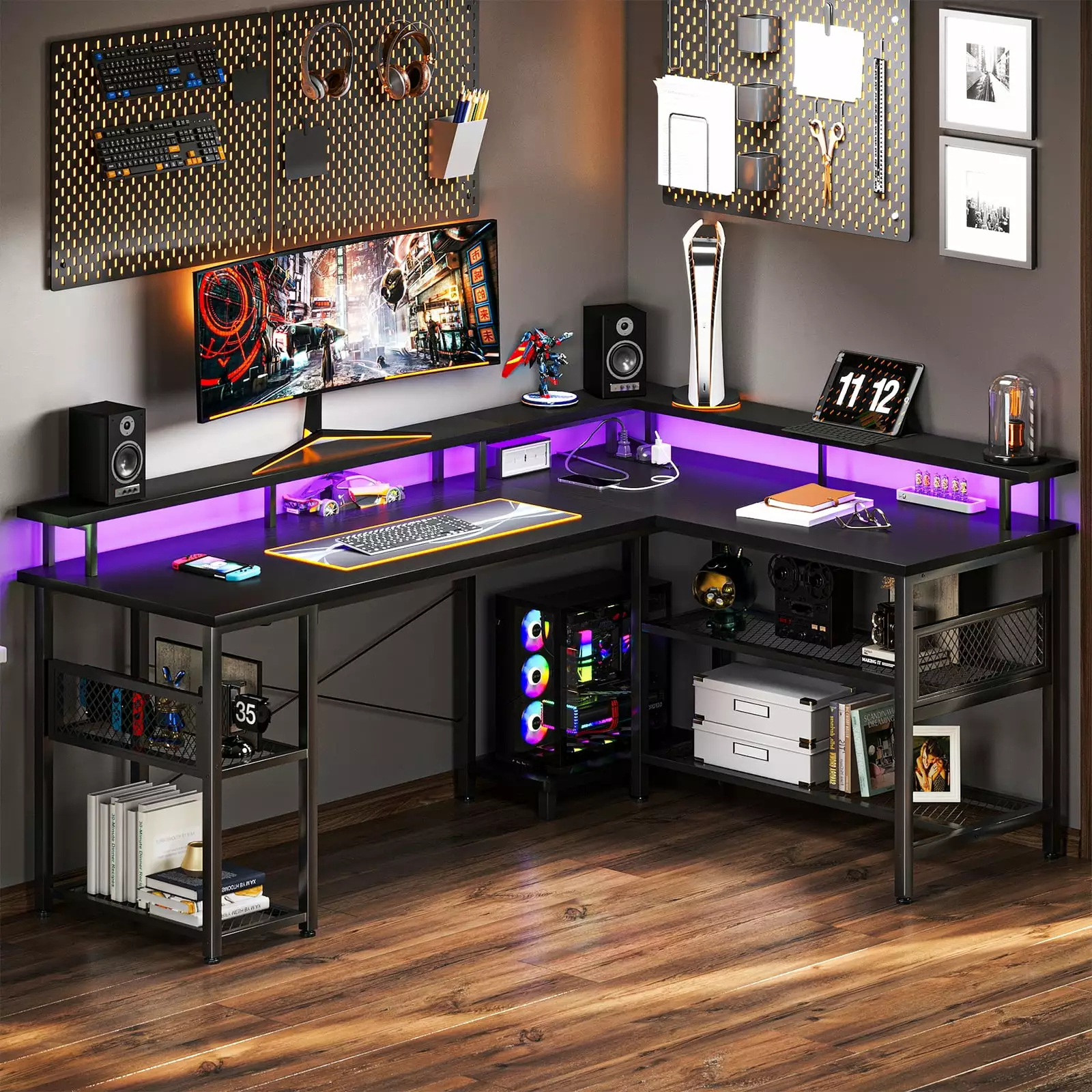 Reversible 59 Inch L Shaped Computer Desk LED Lights Power Outlet and Storage Shelves KKL