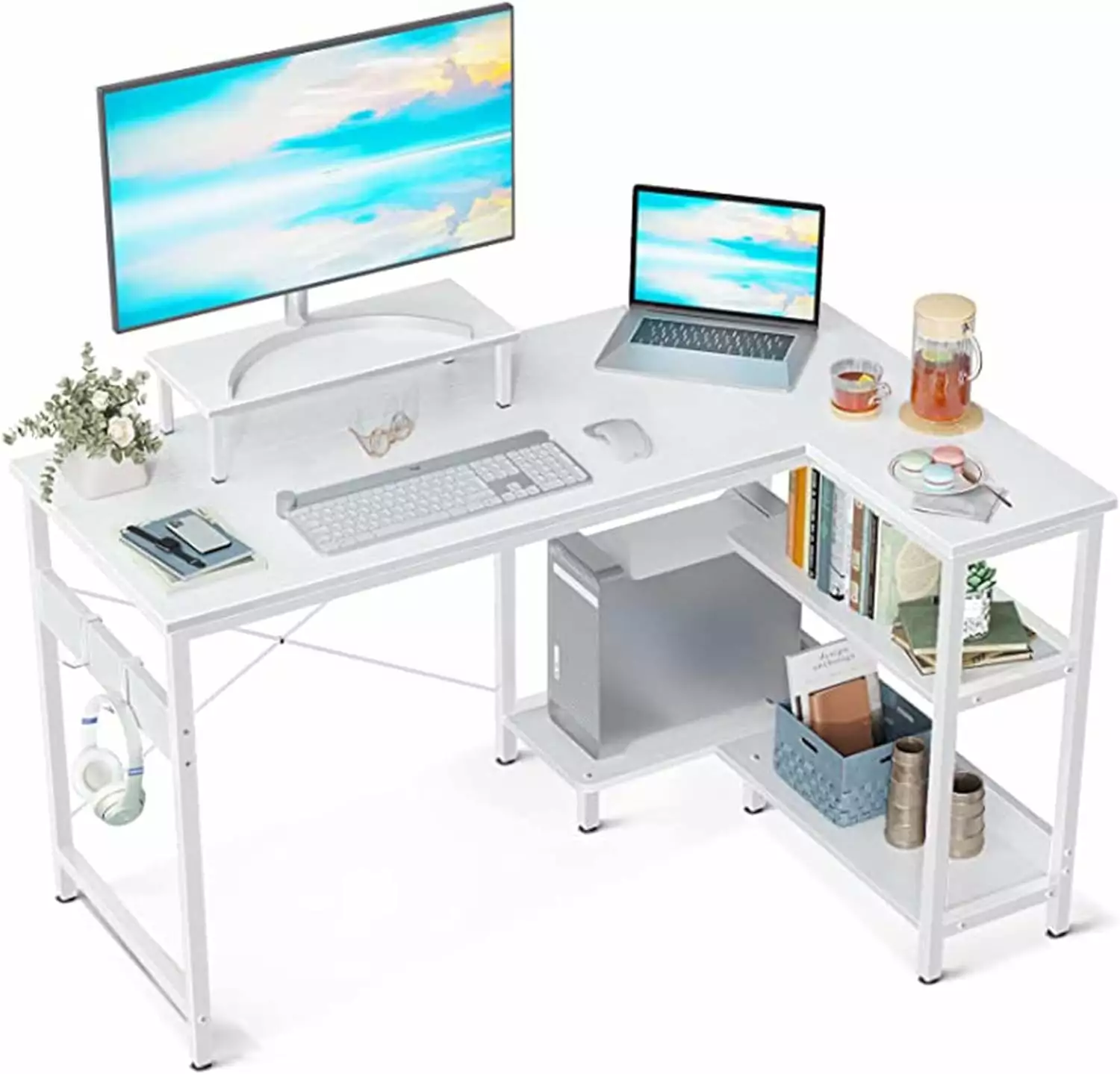 47 Inch Small L Shaped Computer Desk Reversible Storage Shelves Corner Desk Monitor Stand Small Space Modern Simple Writin...