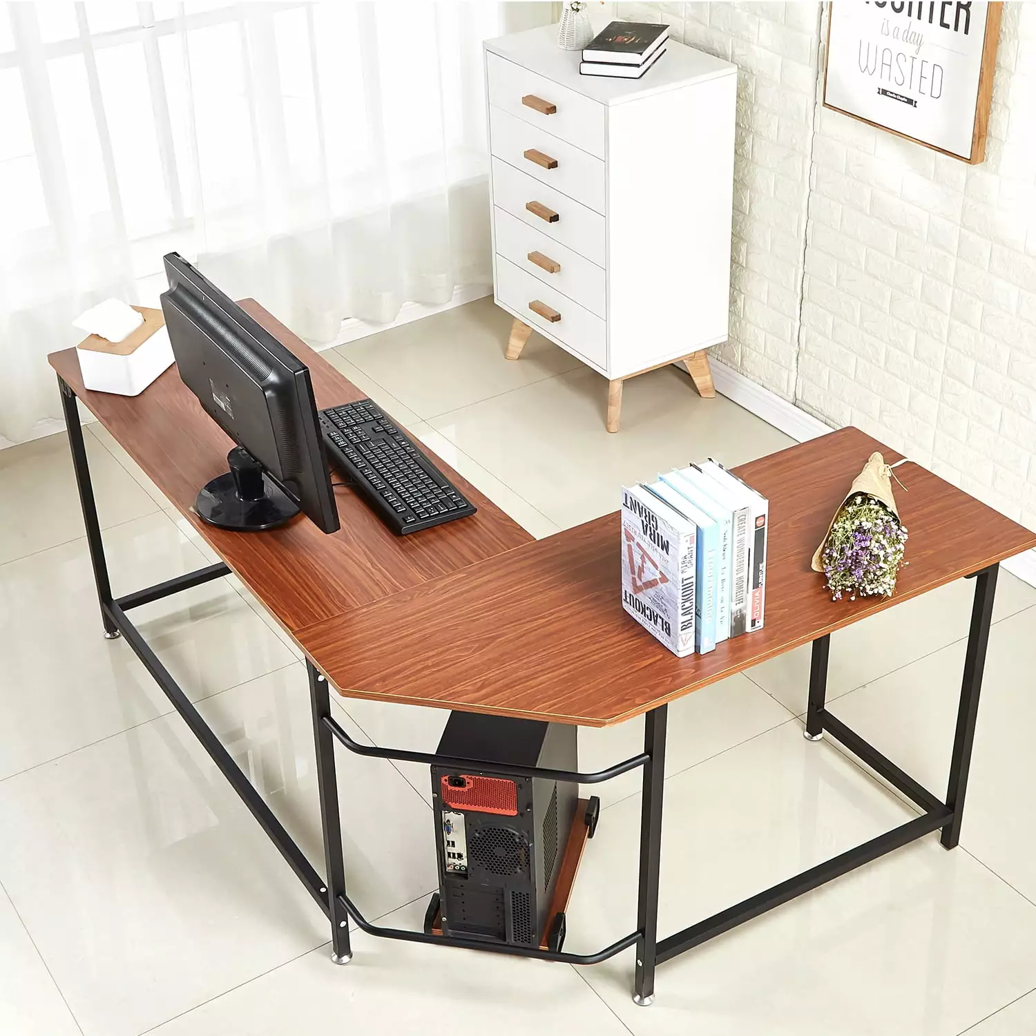 Mcombo Corner L-Shaped Computer Desk - Home Office Gaming Desk Small Spaces Brown