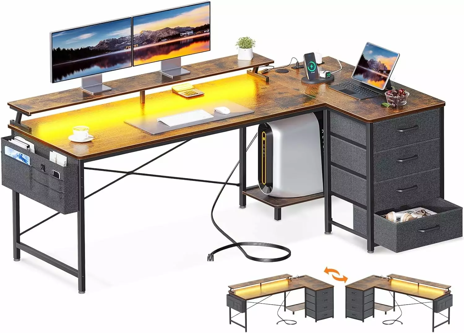 ODK 63 Inch Reversible L Shaped Computer Desk 4 Drawers LED Lights USB Power Outlets CPU Shelf Monitor Stand Vintage ODK Home