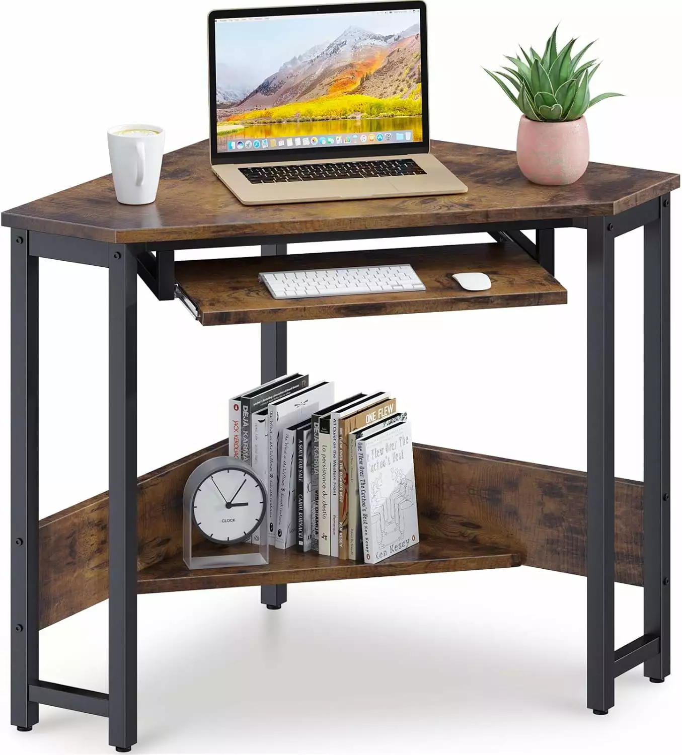 ODK Corner Desk Triangle Computer Desk Small Sturdy Steel Frame Workstation Keyboard Tray Storage Shelves Vintage