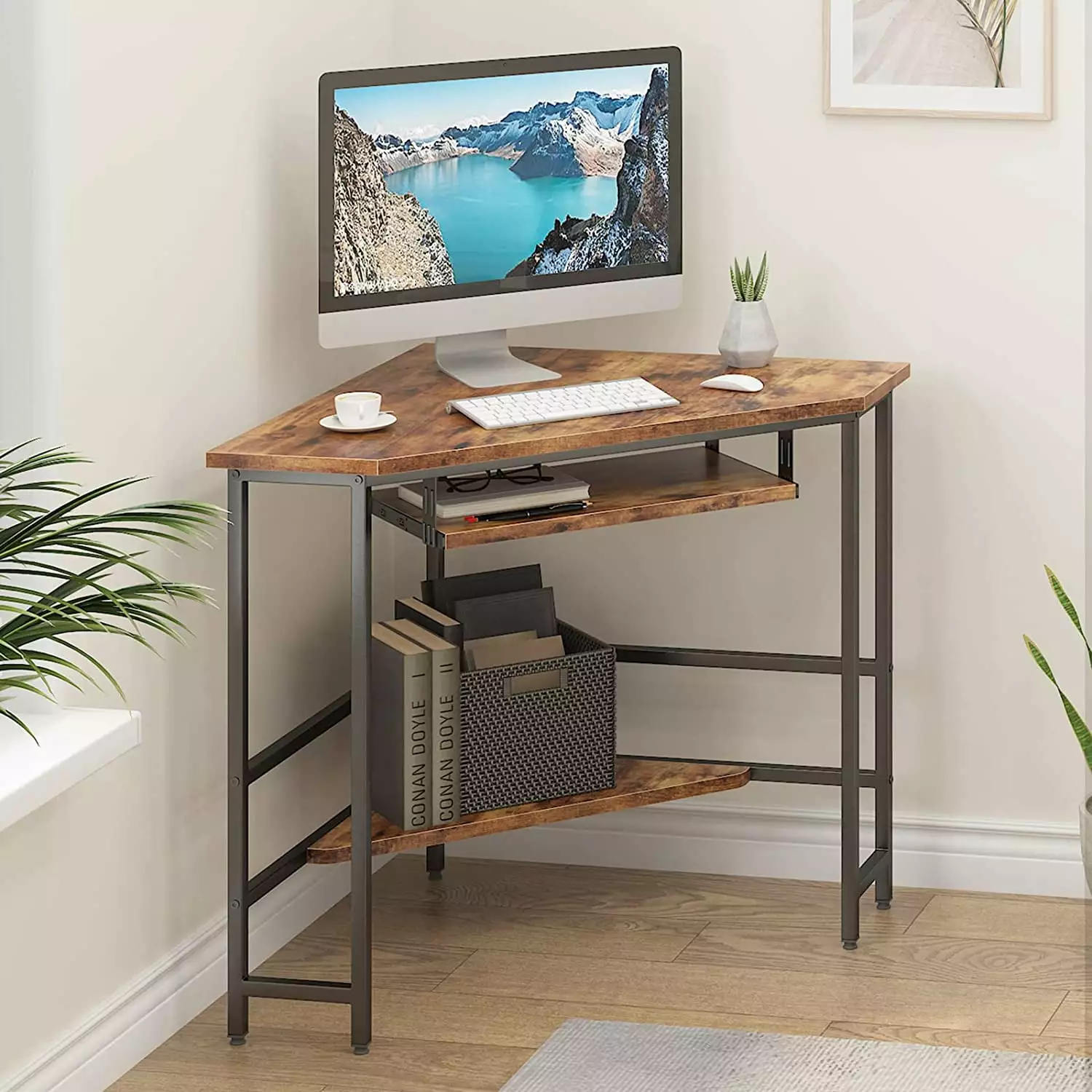 Soges 28 Inch Triangle Computer Desk Corner Desk Small Space Storage Shelf Keyboard Tray Rustic Brown