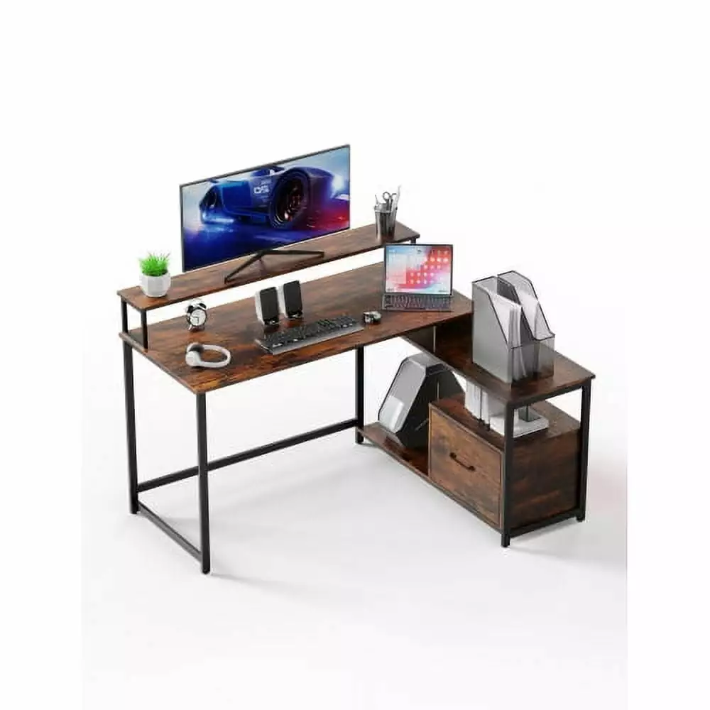 Home Office Computer Desk File Drawer LED Strip Power Outlet L-Shaped Gaming Desk Monitor Shelf and Printer Storage Shelf ...