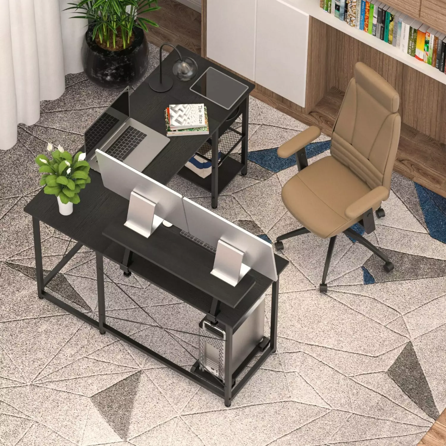Topcobe L-Shaped Corner Desk Study Office Living Room Furniture Table Multi-Purpose Storage Black