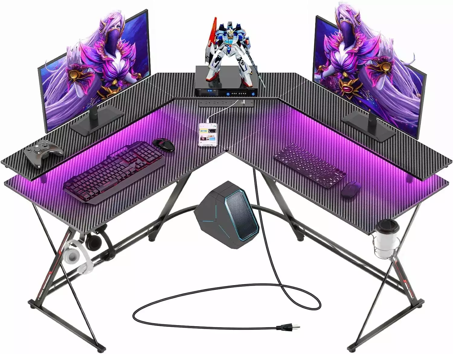 UNIFULL L Shaped Gaming Desk LED Lights Power Outlets 50.4 Computer Desk Monitor Stand Carbon Fiber Surface Corner Desk Cu...
