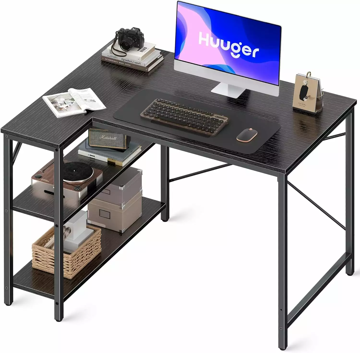 L Shaped 39 Inch Computer Desk Reversible Shelves Corner Gaming Desk Black WW