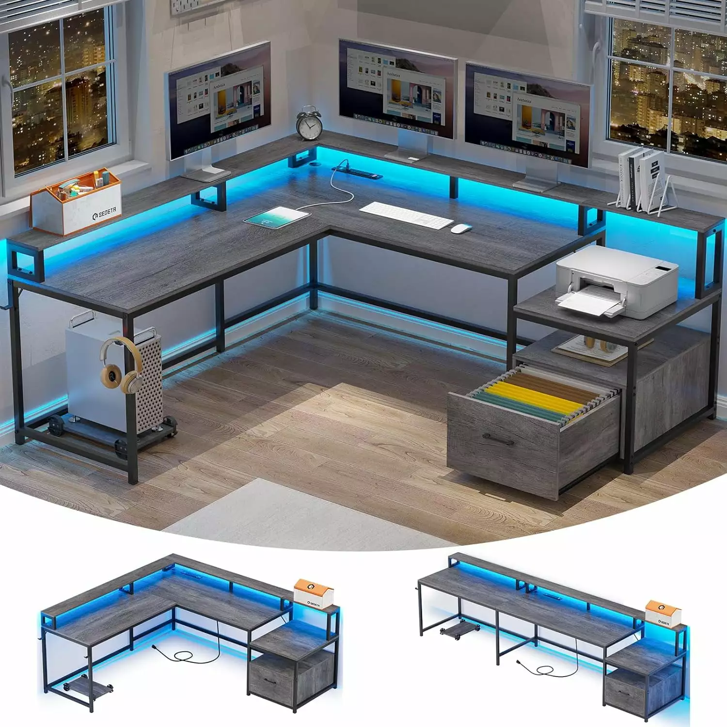 YAQININ 66 Inch L Shaped Office Desk Power Outlet and LED Lights