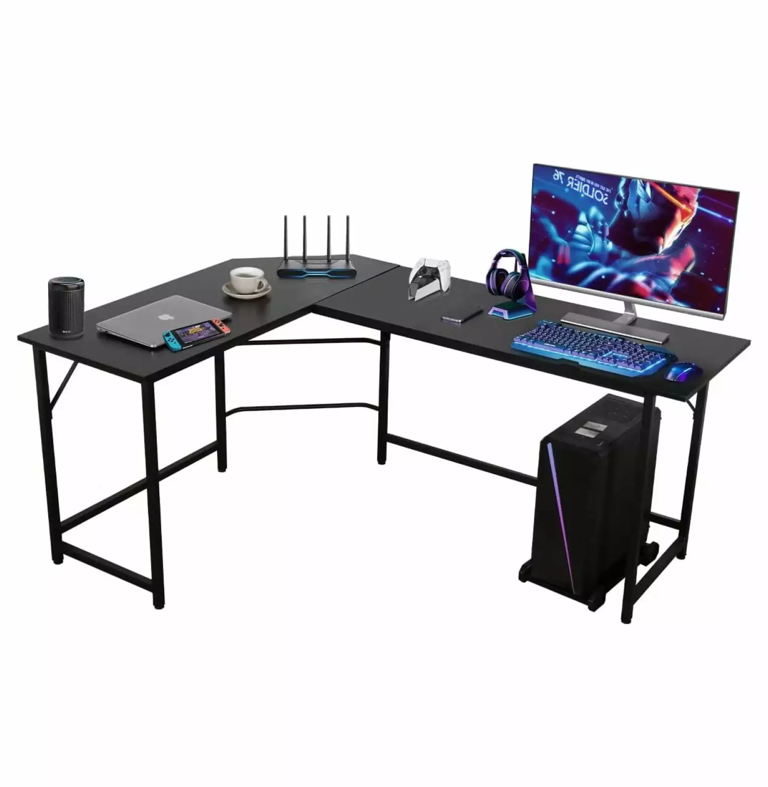 YeSayH 66 Modern L-Shaped Corner Computer Desk CPU Stand Home Office Gaming Workstation Black