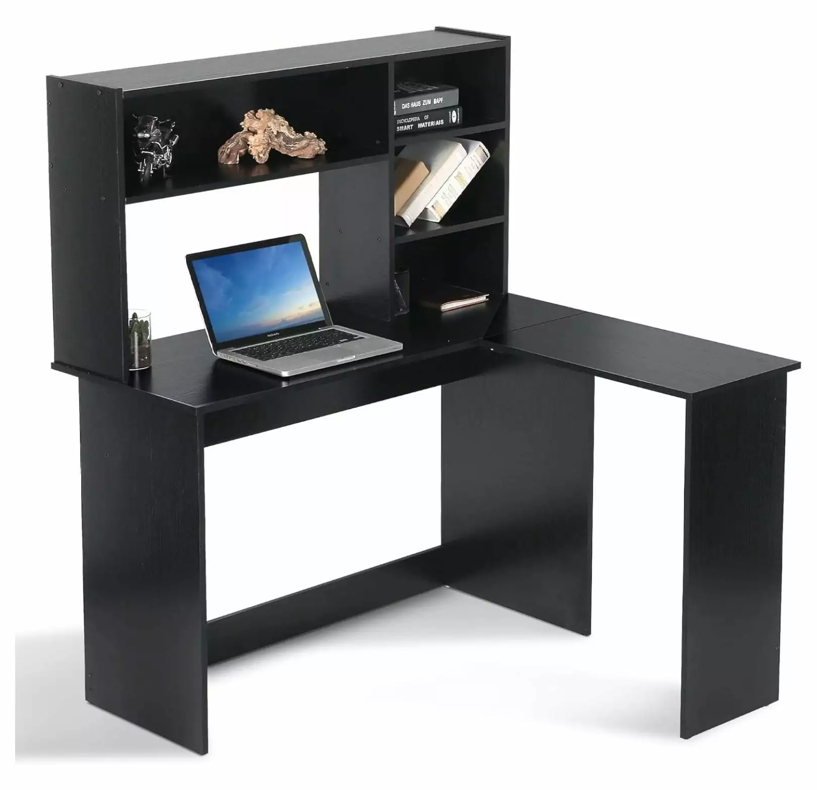 Zazesaby Wood L Shaped Corner Gaming Desk Hutch Storage Shelves Dark Brown