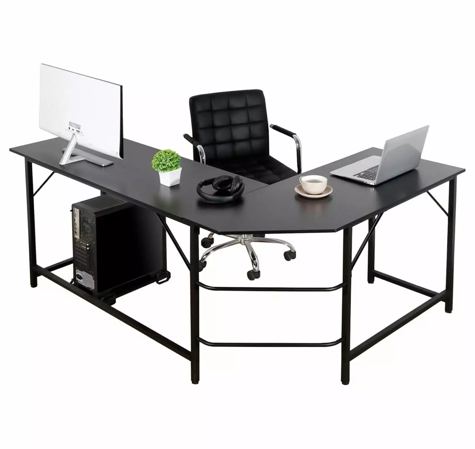 66 Inch x 47 Inch Large L-Shape Corner Computer Workstation CPU Stand Home Office Black ZRuEzyX