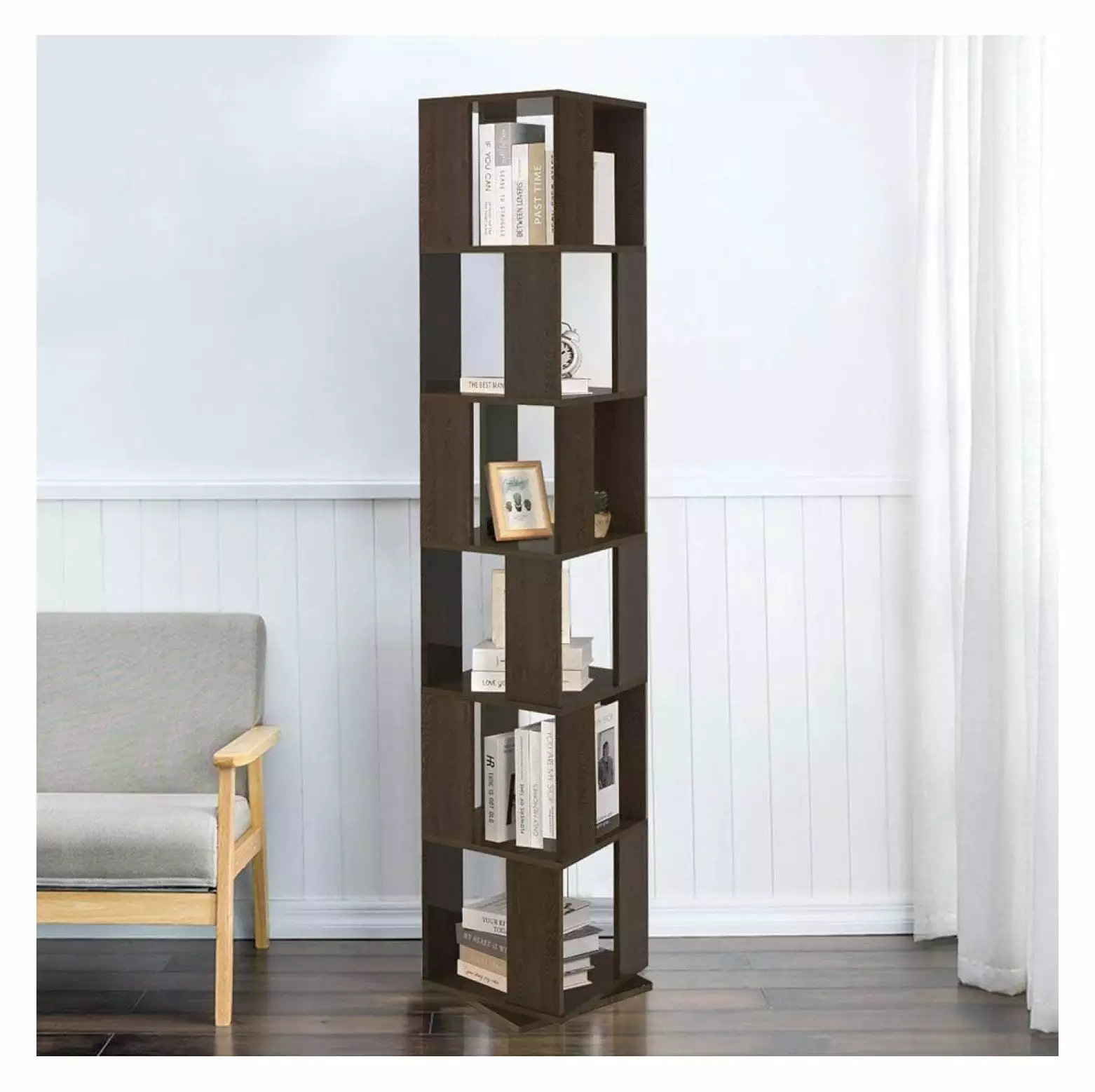 6-Tier Wooden 360 Rotating Bookcase Corner Shelf Home Office Living Room Black Walnut Generic