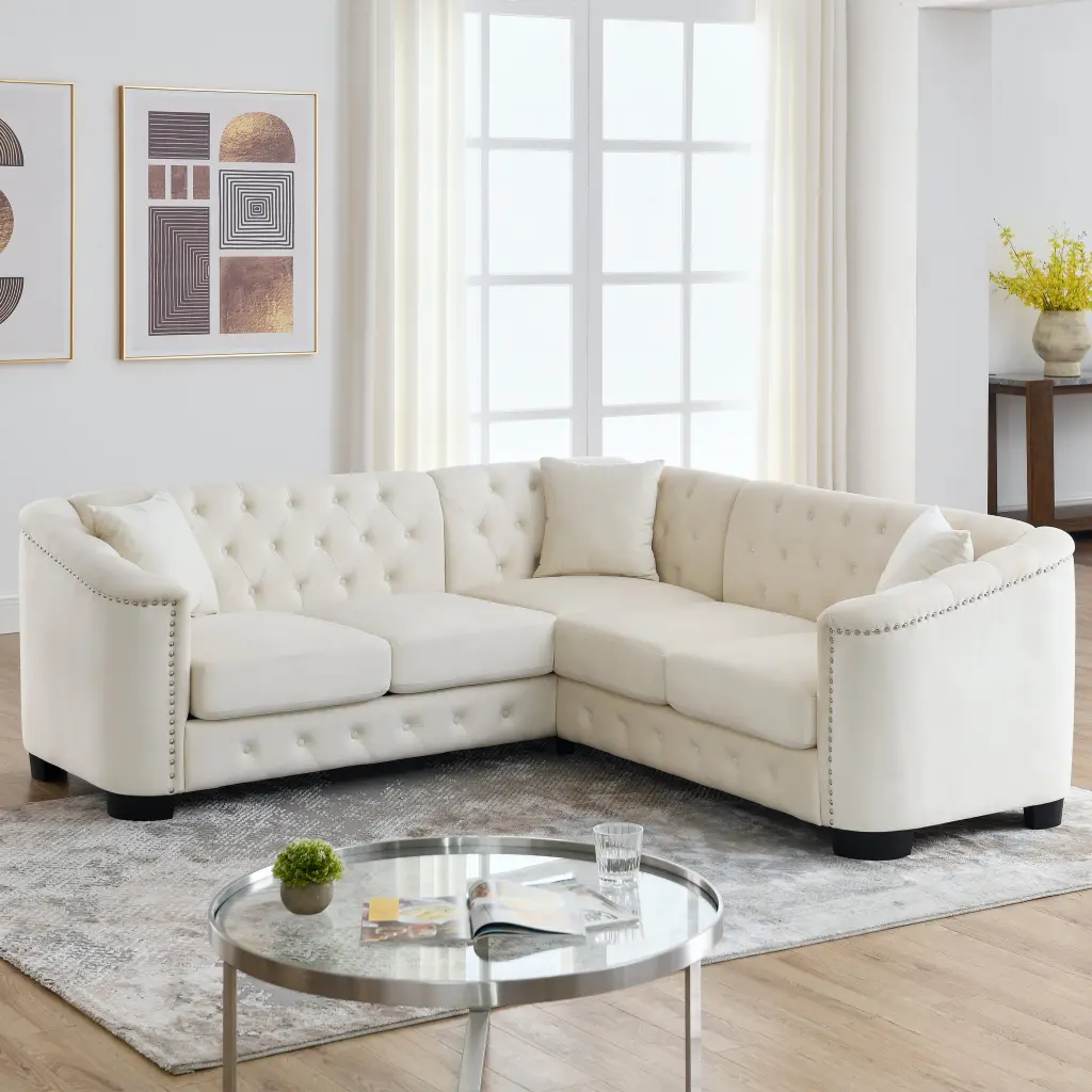 Luxurious Beige Velvet Corner Sofa Tufted Backrest and Silk Cotton Seat HATNOKIL