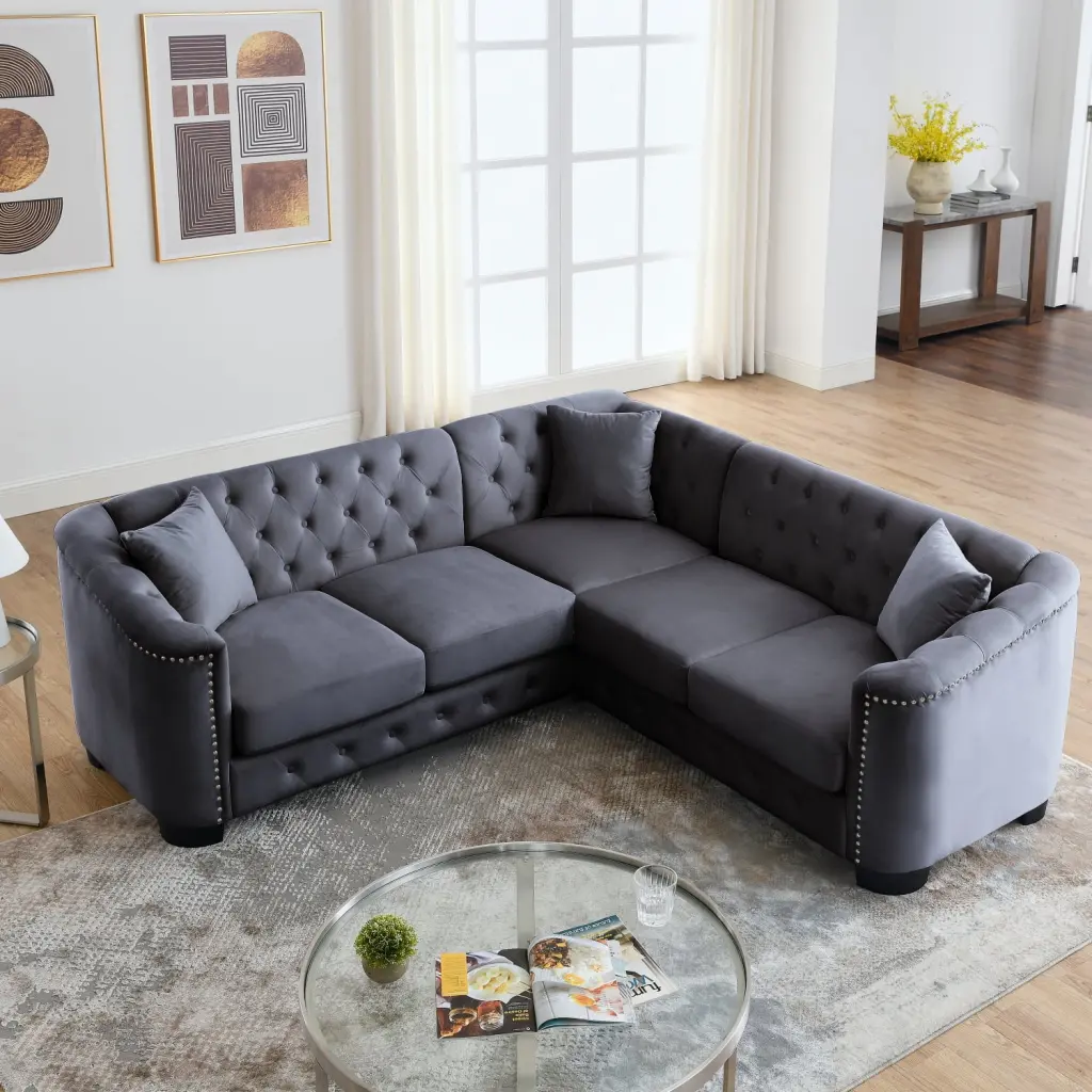 Luxurious Grey Velvet Corner Sofa Removable Cushions and Tufted Low Backrest HATNOKIL