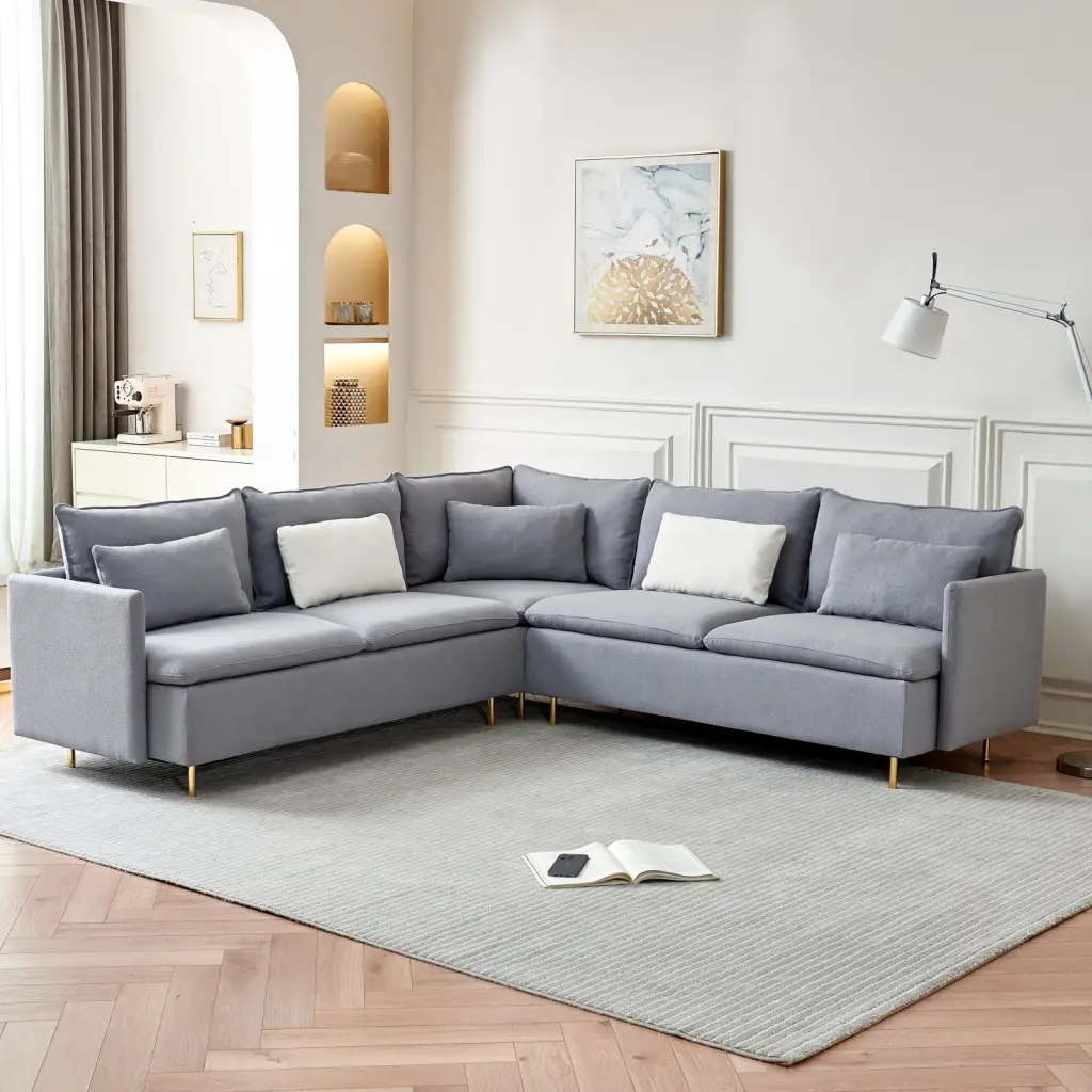 Modern Gray 92 Teddy Fabric Corner Sectional Sofa Golden Metal Legs Living Room Wodine