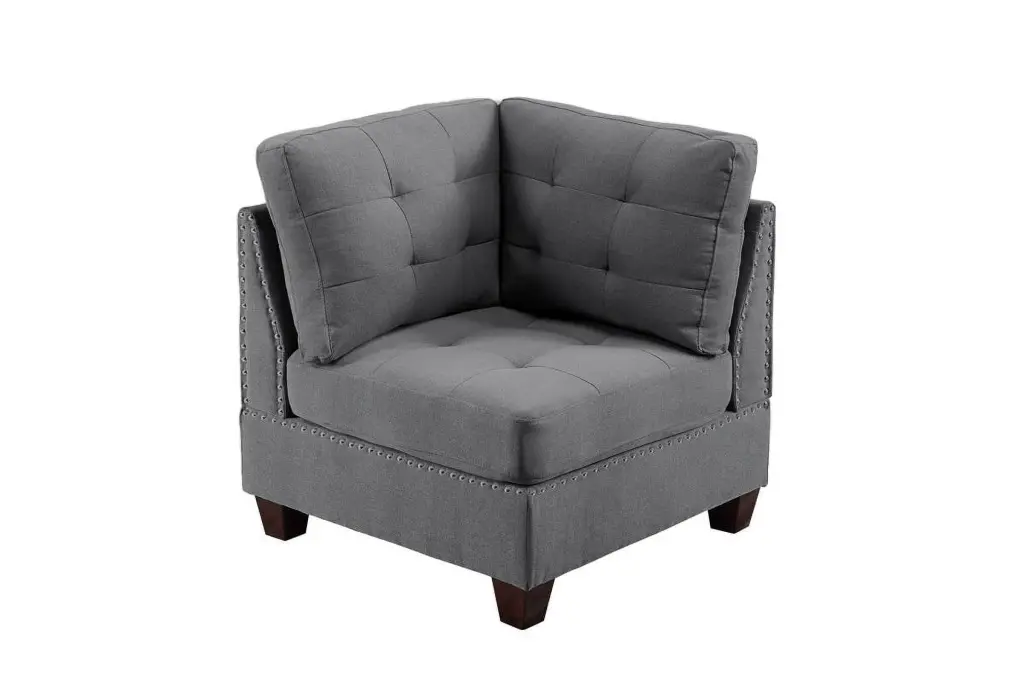 Tufted Corner Wedge Sofa Grey Linen Fabric 1Pc Cushion Nail Heads Wooden Legs Living Room Furniture Jamini