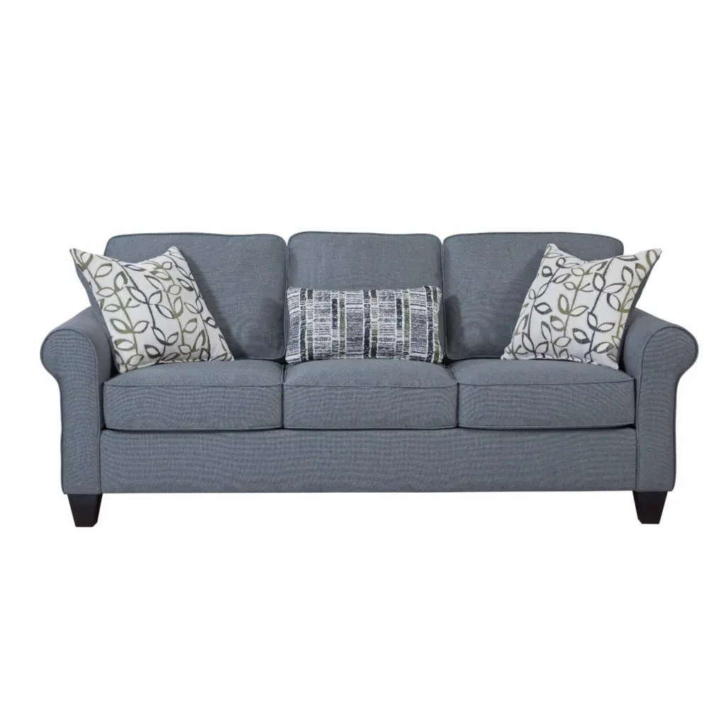 Furniture Classics Classic Cottage Series Blue Fabric Sofa Rolled Arms and 3 Accent Pillows American Furniture Classics