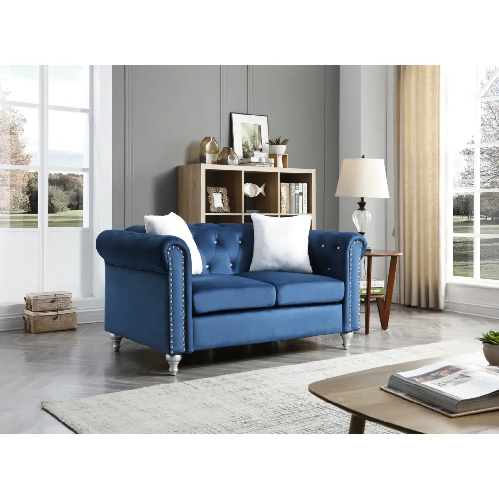 Homestock Coastal Cottage Loveseat Navy Blue Fabric Sofa Living Room
