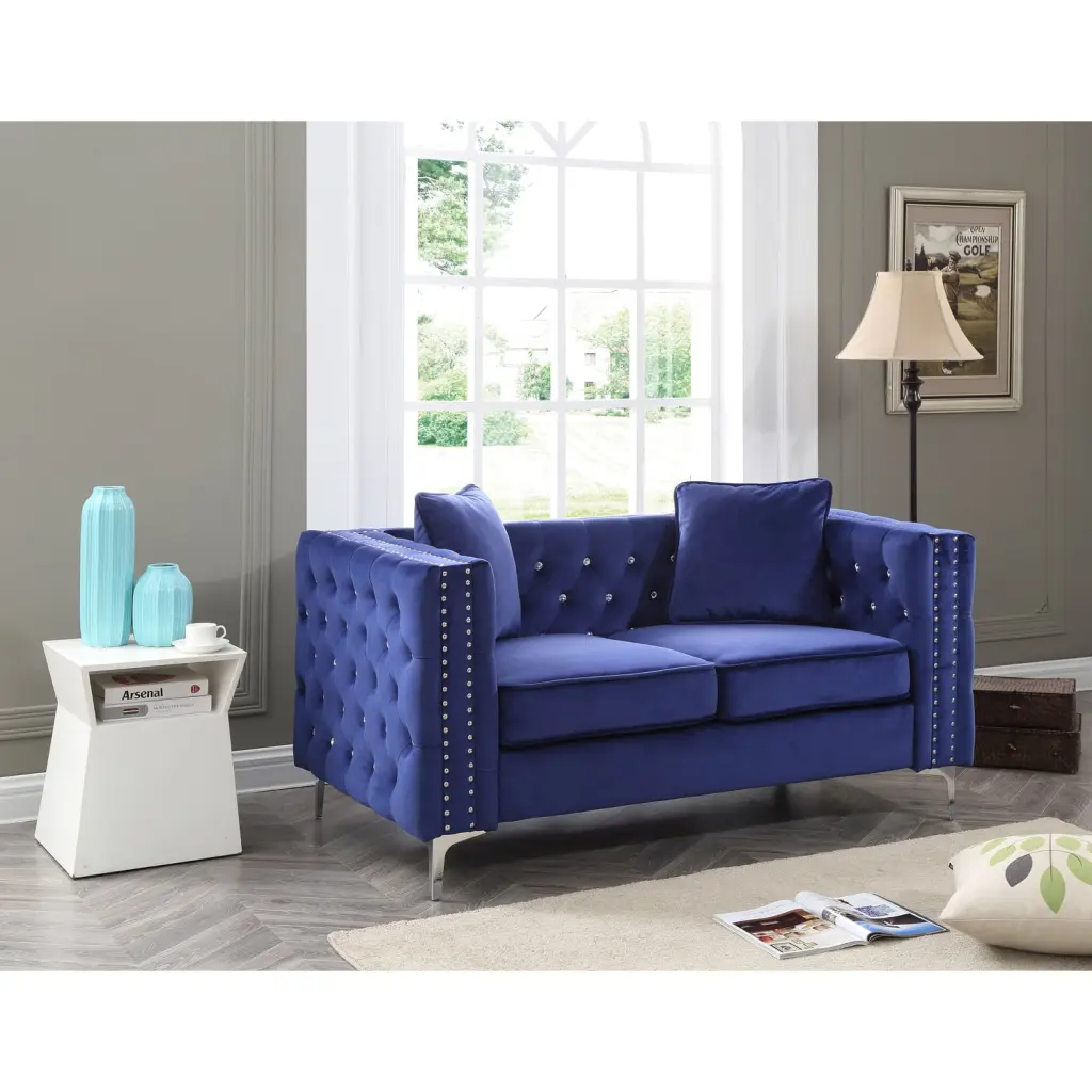 Homestock Country Cottage Loveseat Blue Fabric Sofa Living Room