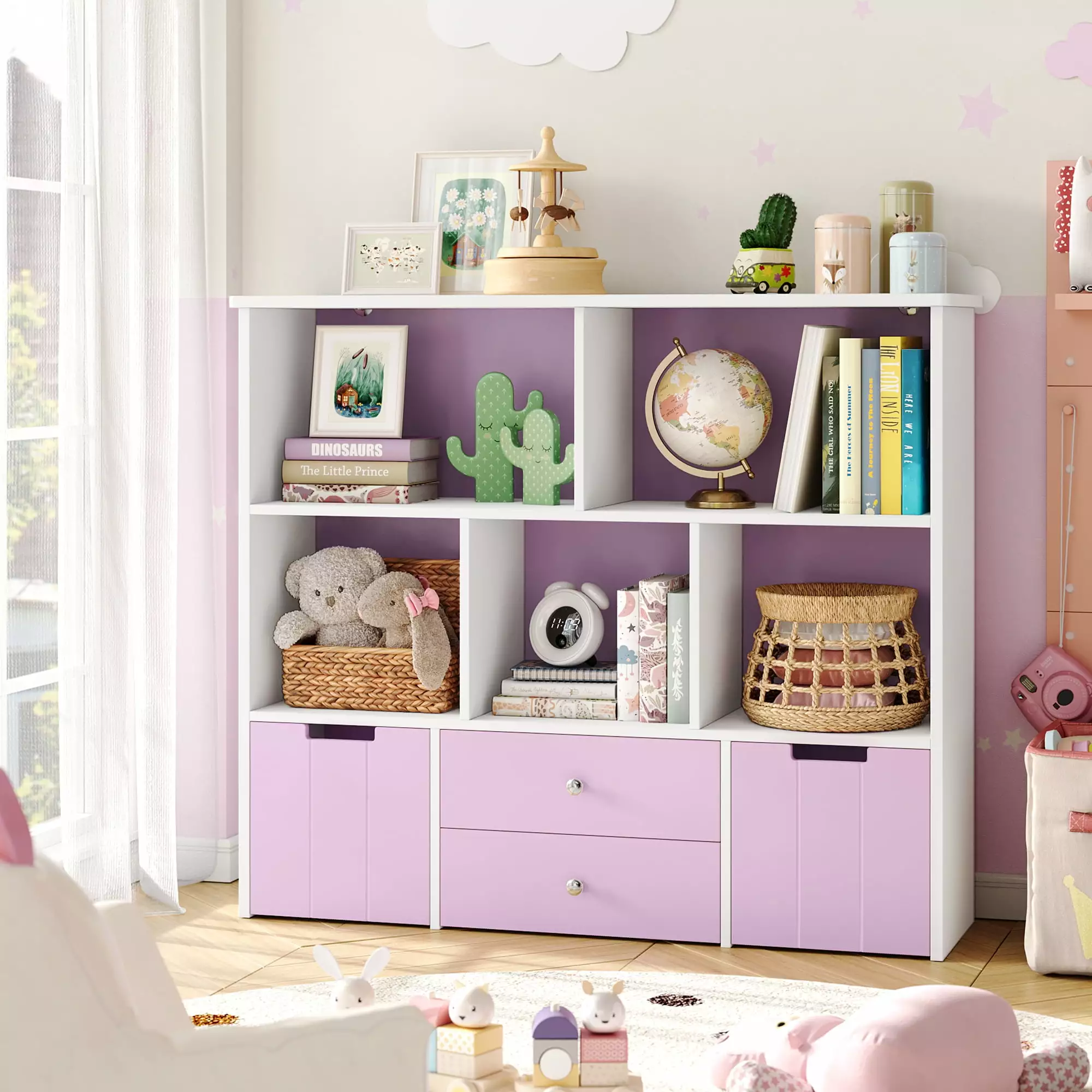 Urkno Kids Bookshelf 5 Cubby & 4 Drawers Children Wooden Toy Storage Organizer Pinkish White