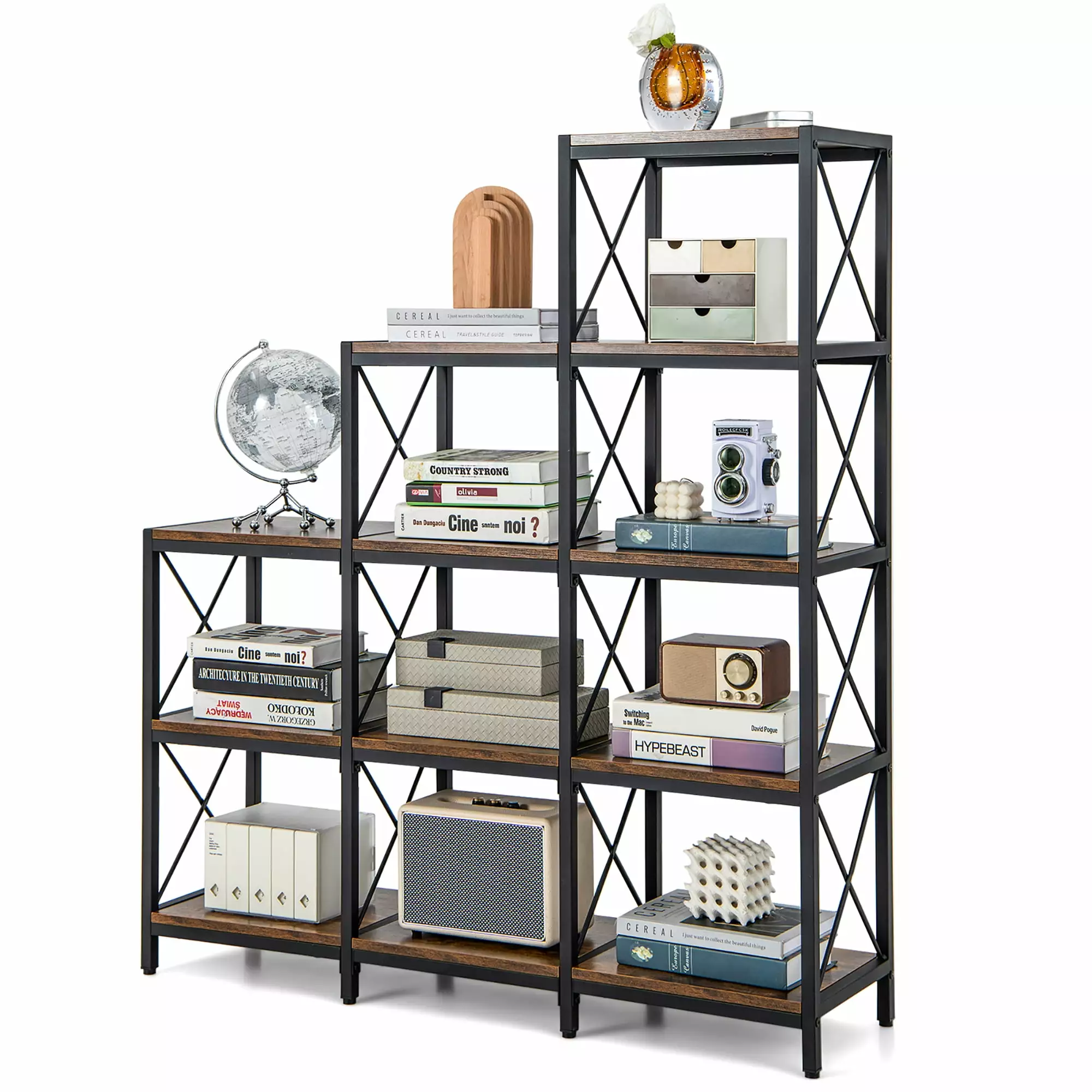 Gymax 5-Tier Bookshelf 9 Cubes Bookcase 12 Shelves Rustic Storage Display Organizer