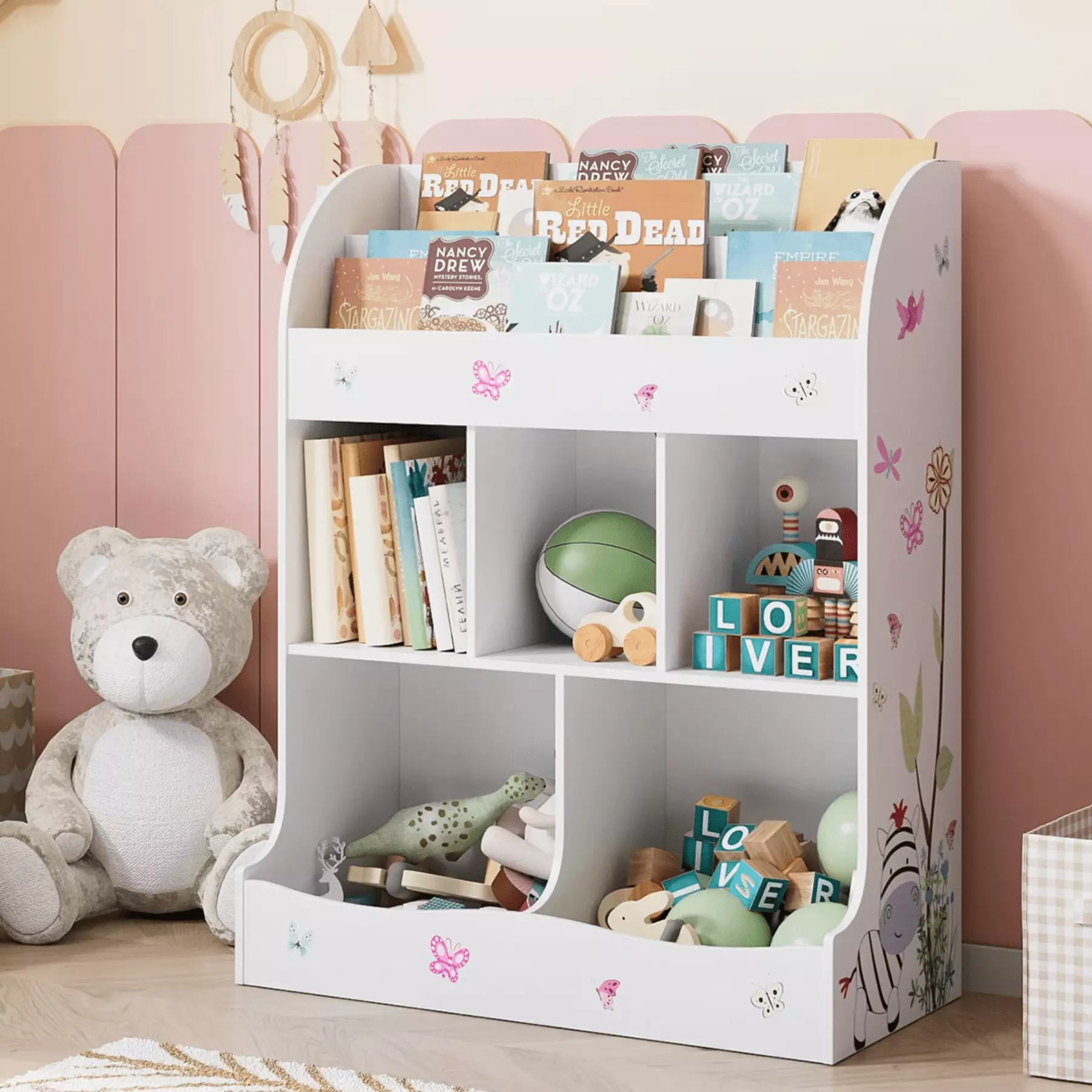 Homfa Kids Bookshelf Cute Printed Reading Nook 2-Tier Display Shelf 5-Cube White Bookcase Playroom