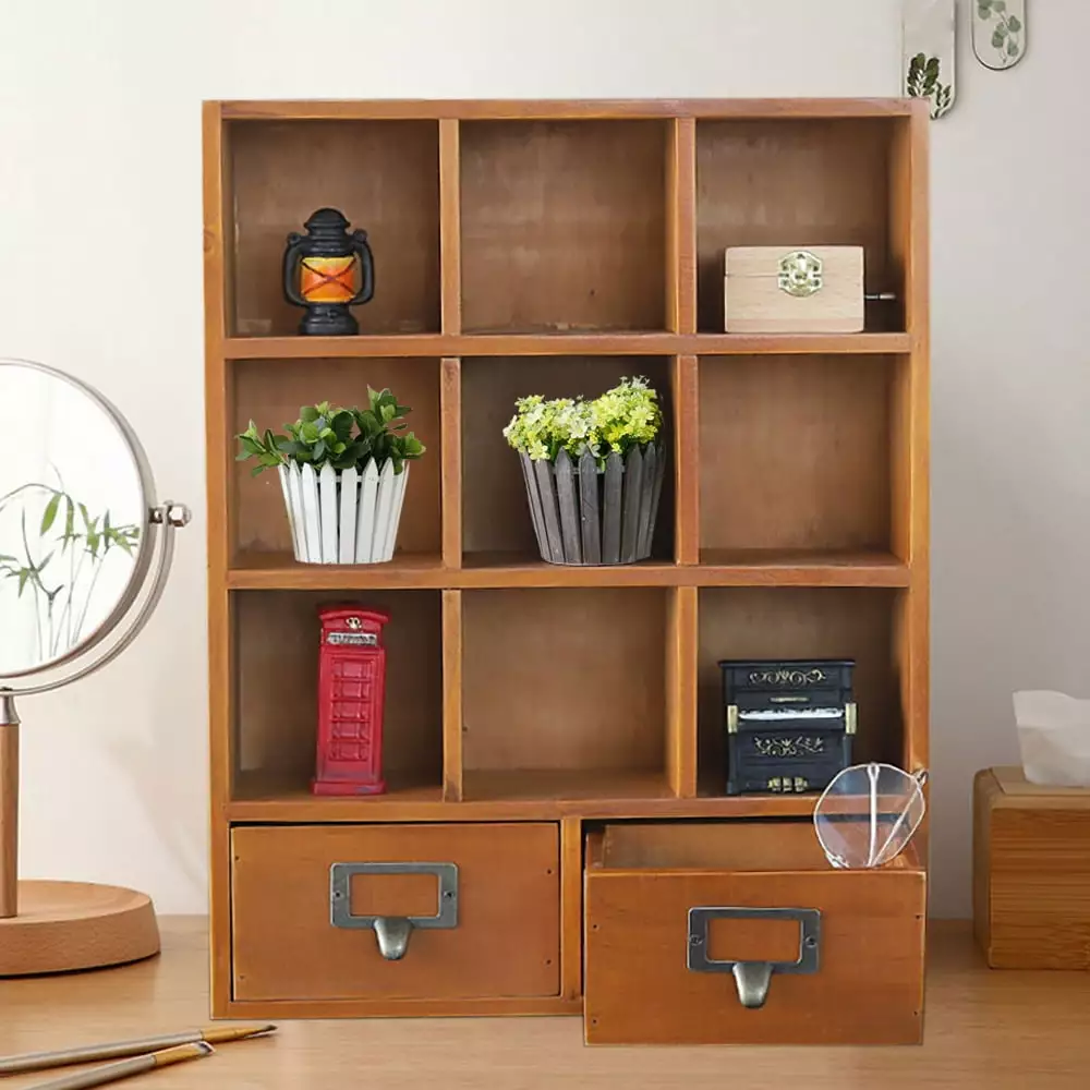 Loyalheartdy 9-Cube Bookshelf Storage Organizer Retro Wooden Cubby 2 Drawers