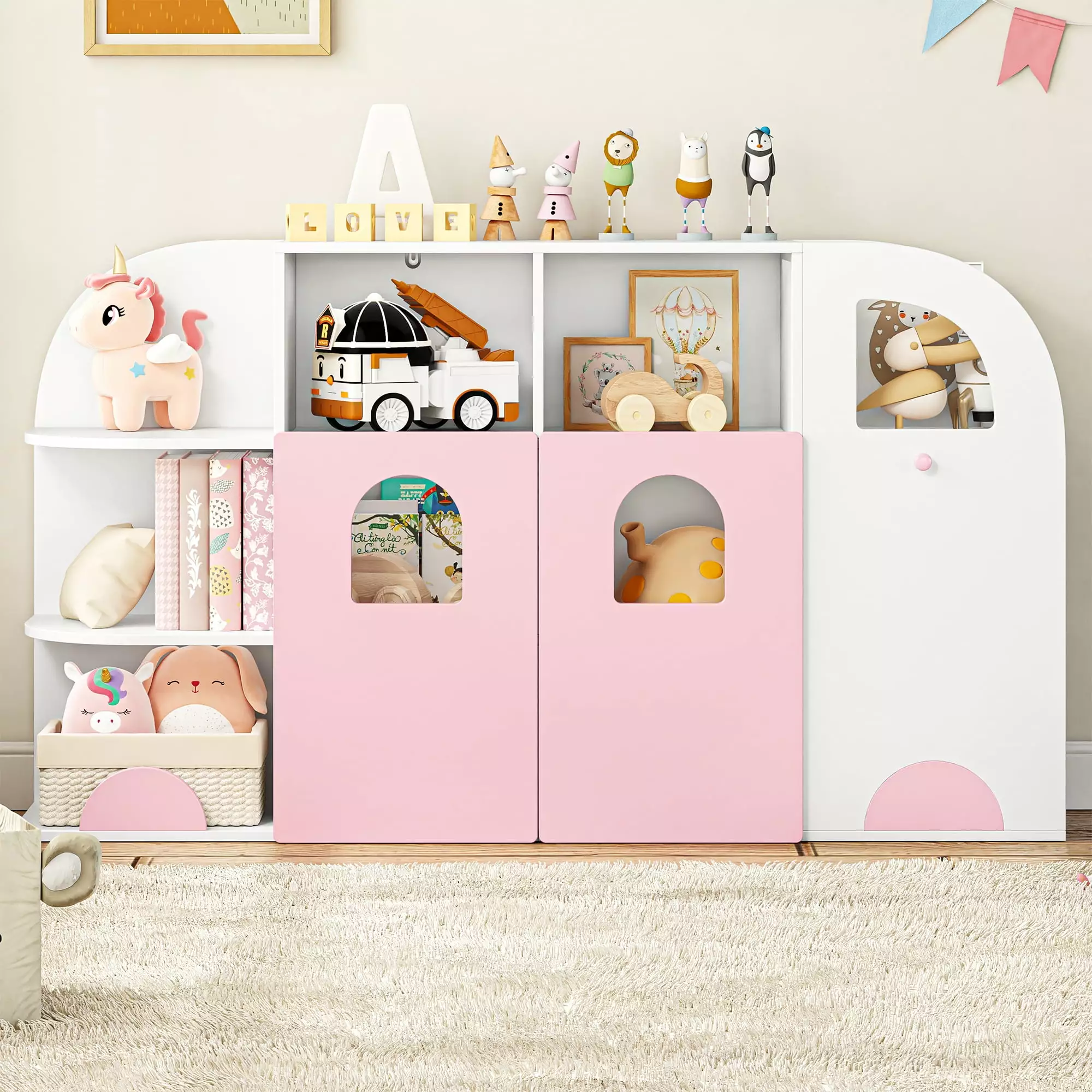 Homfa Multifunctional Kids Bookcase Door 6 Shelves and Toy Storage Cube White and Pink