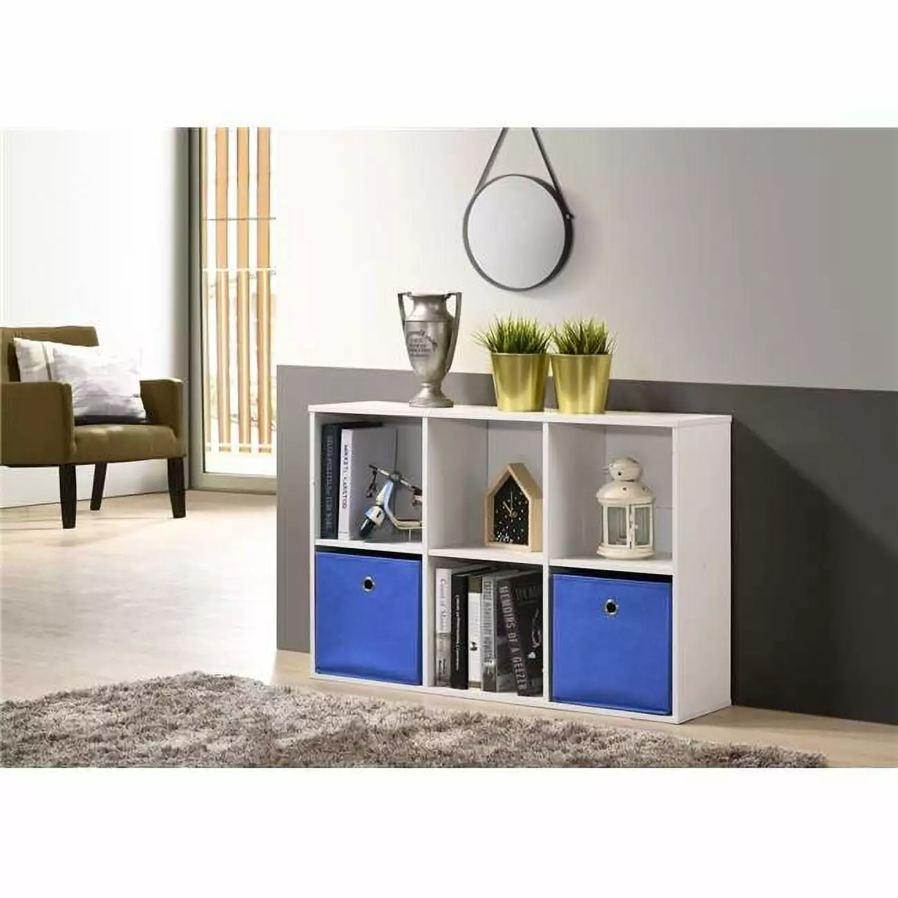 Progressive Furniture Royal 6 Cube Organizer White 2 Fabric Baskets Storage Unit