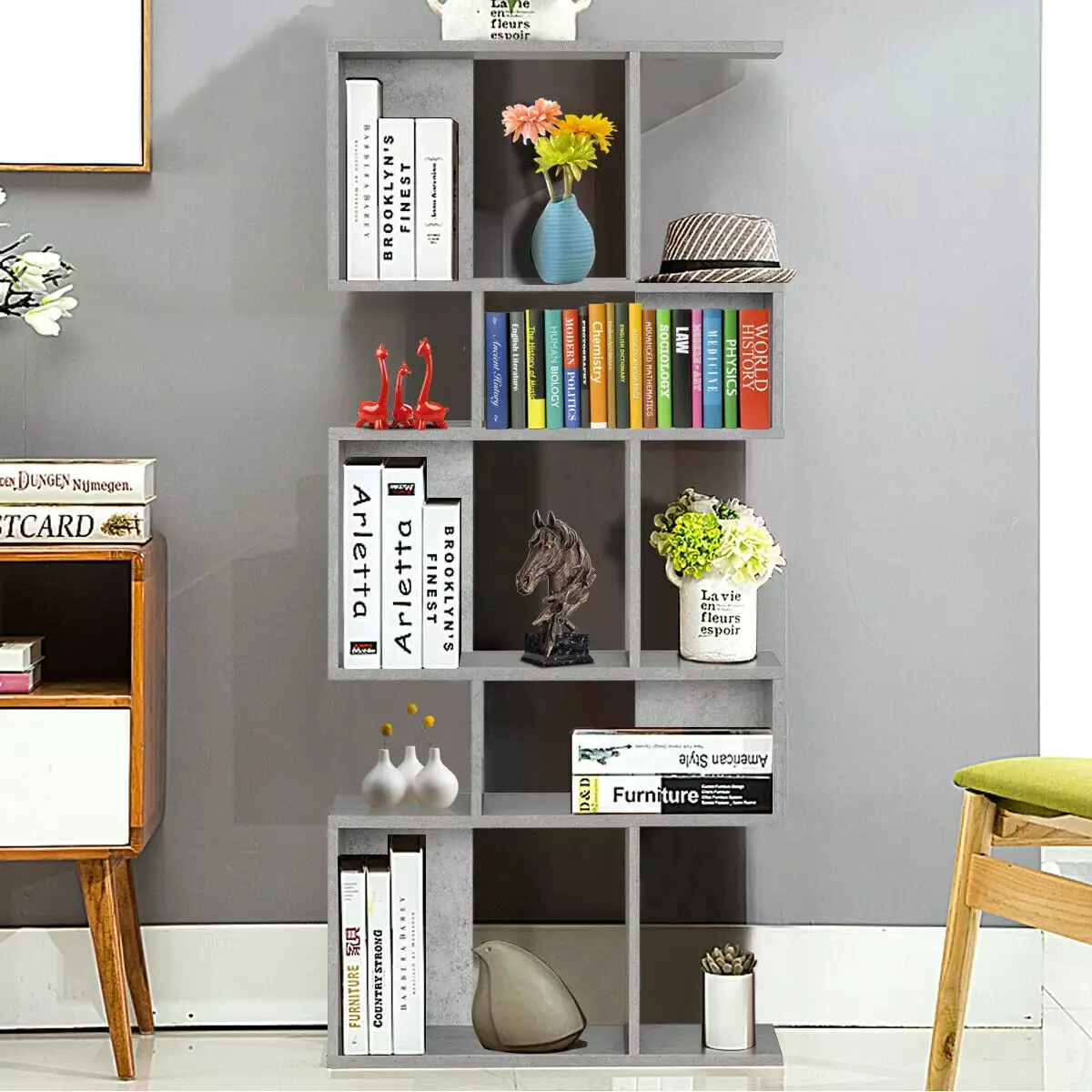 Gymax 5 Cubes Freestanding Corner Bookshelf Display Rack Gray Small Spaces