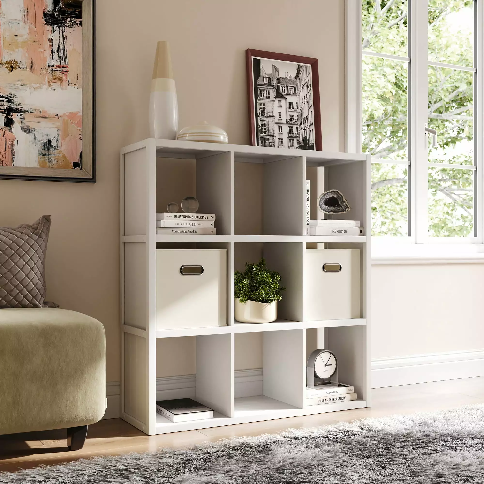 Wood 9 Cube Storage Organizer White Modern Bookcase Shelf John Louis Home
