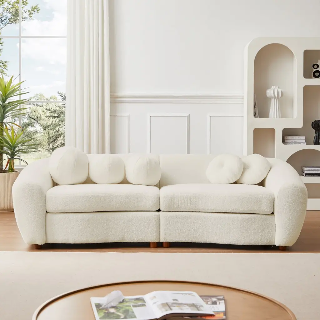 87.7 Beige U-Style Modern Curved Sofa Decorative Throw Pillows - Teddy Fabric Upholstered - Elegant Living Room Furniture ...