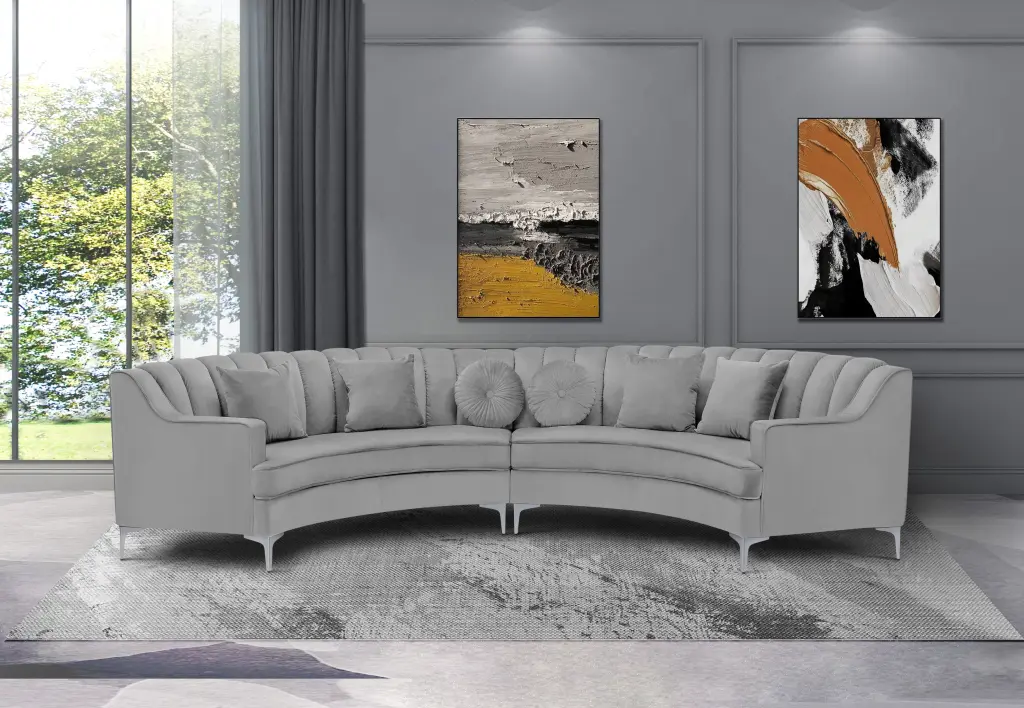 Curved Sectional Sofa - Grey Velvet Modular Semi Circular 6 Seater Tufted Couch Modern Living Room Lambgier