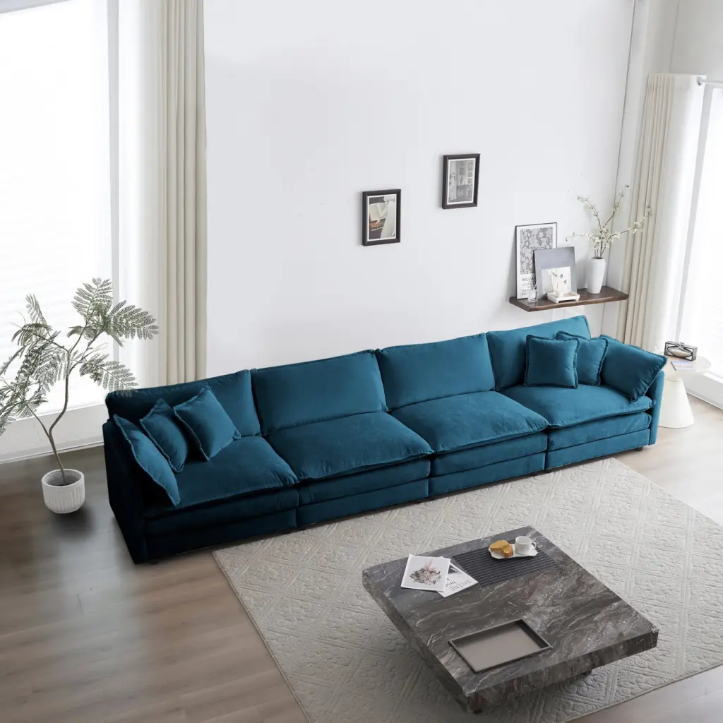 Customizable Blue Chenille Fabric 4-Seater Modular Sofa Living Room HATNOKIL