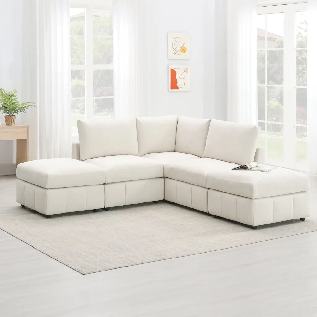 Personalized Beige Fabric Sectional Sofa Independent Ottomans and High-Density Foam Ponnky