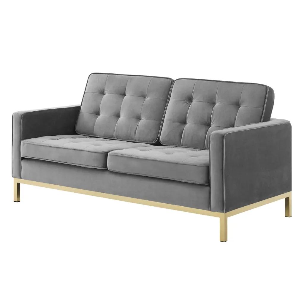 Contemporary Modern Urban Designer Velvet Loveseat Sofa Gold Grey