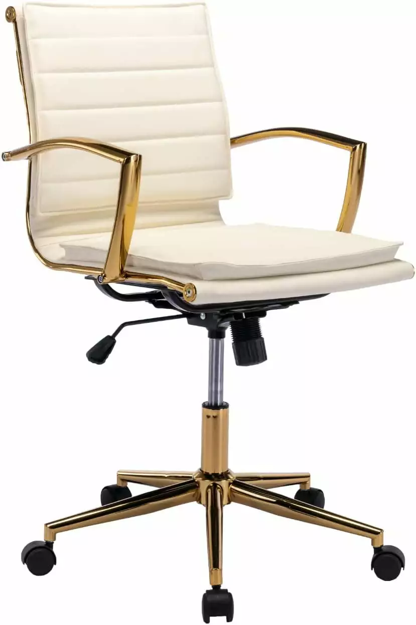 FJU Modern Leather Desk Chair - Ergonomic Office Chair Gold Base - Beige