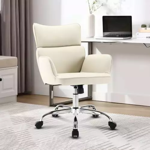 Office Chair Criss Cross Desk Chair Wheels Arms 360 Swivel PU Leather Computer Seat Mid Back Support Beige White Adjustabl...