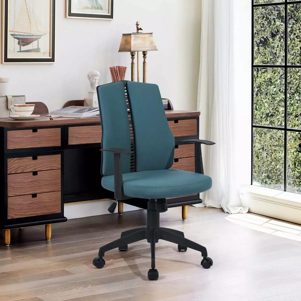 Homylin Home Office Desk Chair Arms Upholstered Ergonomic Swivel Rolling Chair Dark Blue