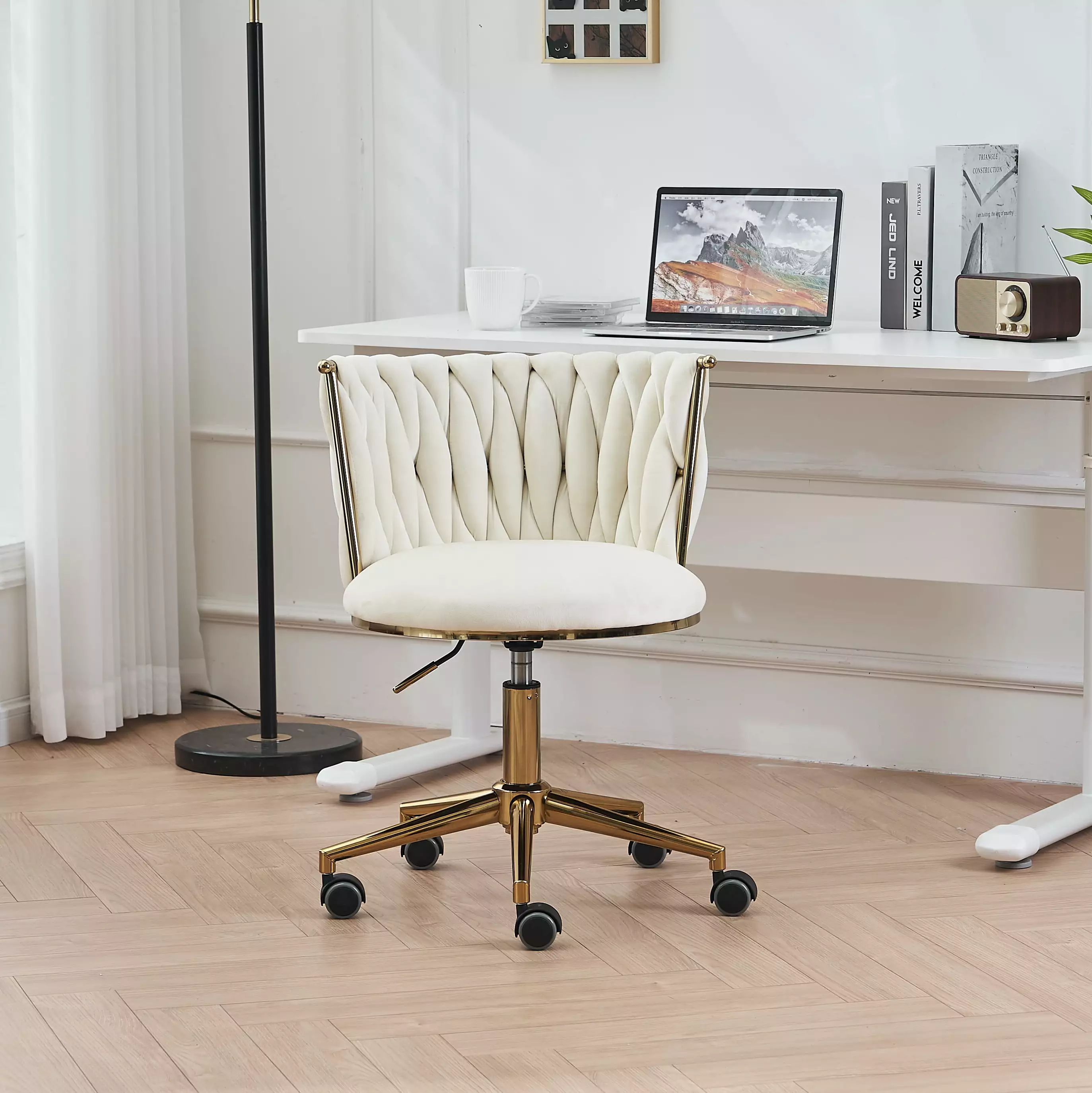 Upholstered Home Office Desk Chair Adjustable Swivel Wheels and Ergonomic Design Living Room, Bedroom, or Office Beige Lea...