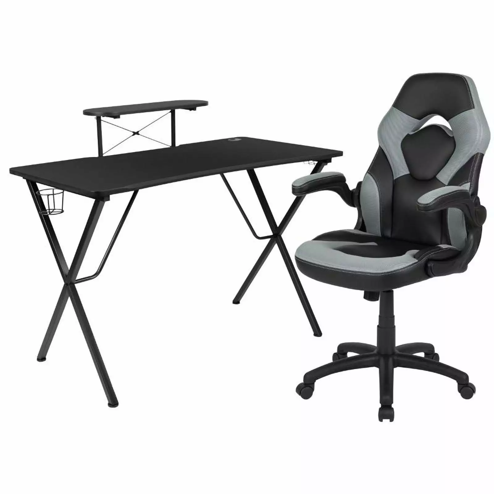 Bowery Hill 2 Piece Gaming Desk Set Monitor Stand Black and Gray