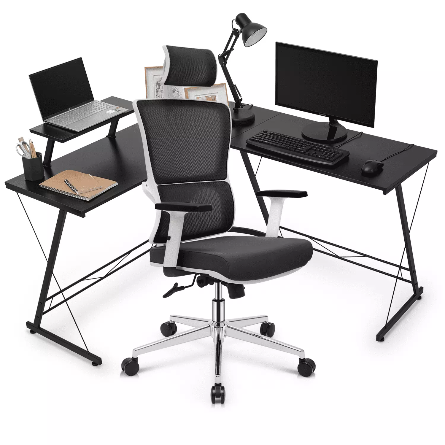 MoNiBloom L Shaped Desk and Chair Set Ergonomic High Back Chair Black Workstation